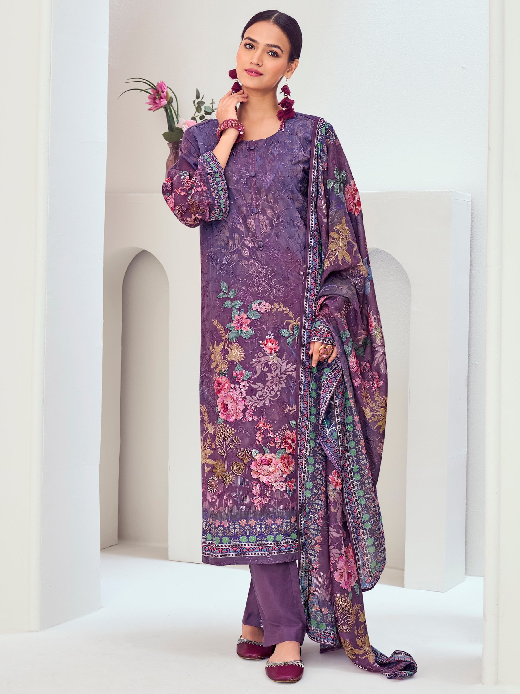 Purple Muslin Embroidered Indian Suit | Floral Digital Print with Resham Thread Work & Sequin