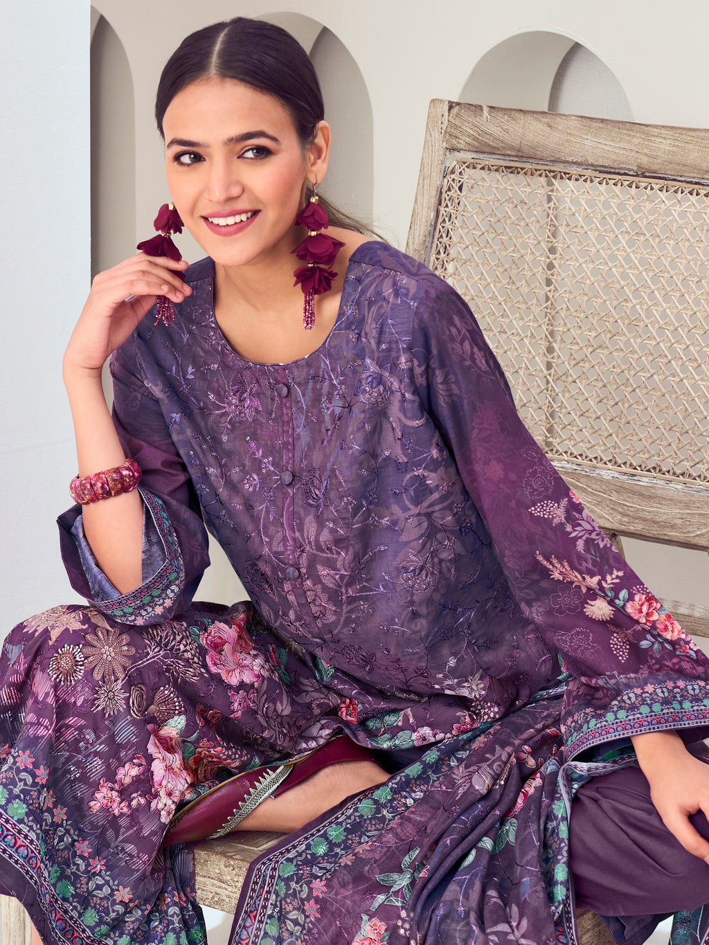 Purple Muslin Embroidered Indian Suit | Floral Digital Print with Resham Thread Work & Sequin