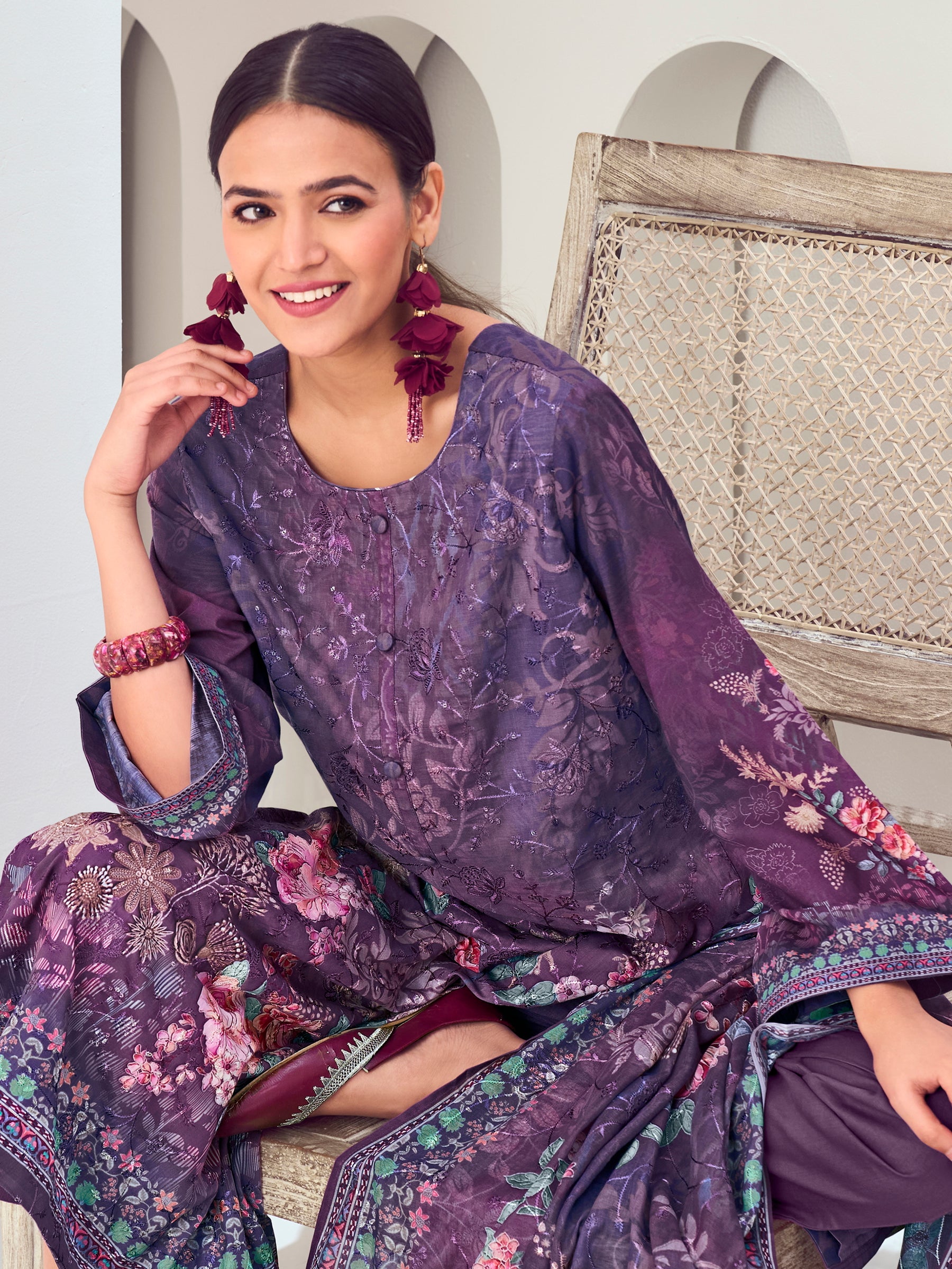 Purple Muslin Embroidered Indian Suit | Floral Digital Print with Resham Thread Work & Sequin