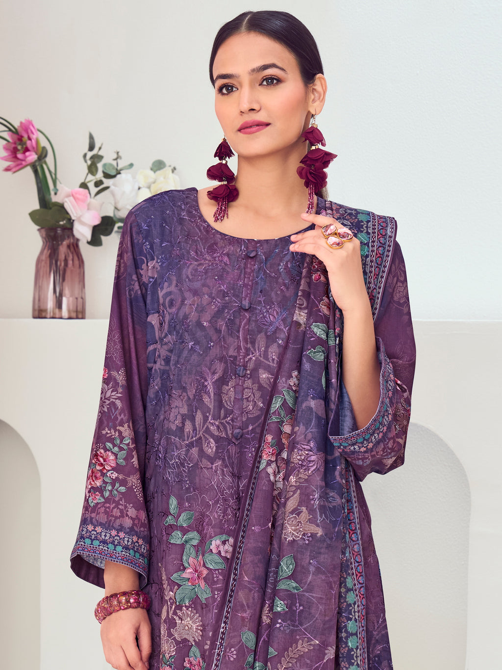 Purple Muslin Embroidered Indian Suit | Floral Digital Print with Resham Thread Work & Sequin