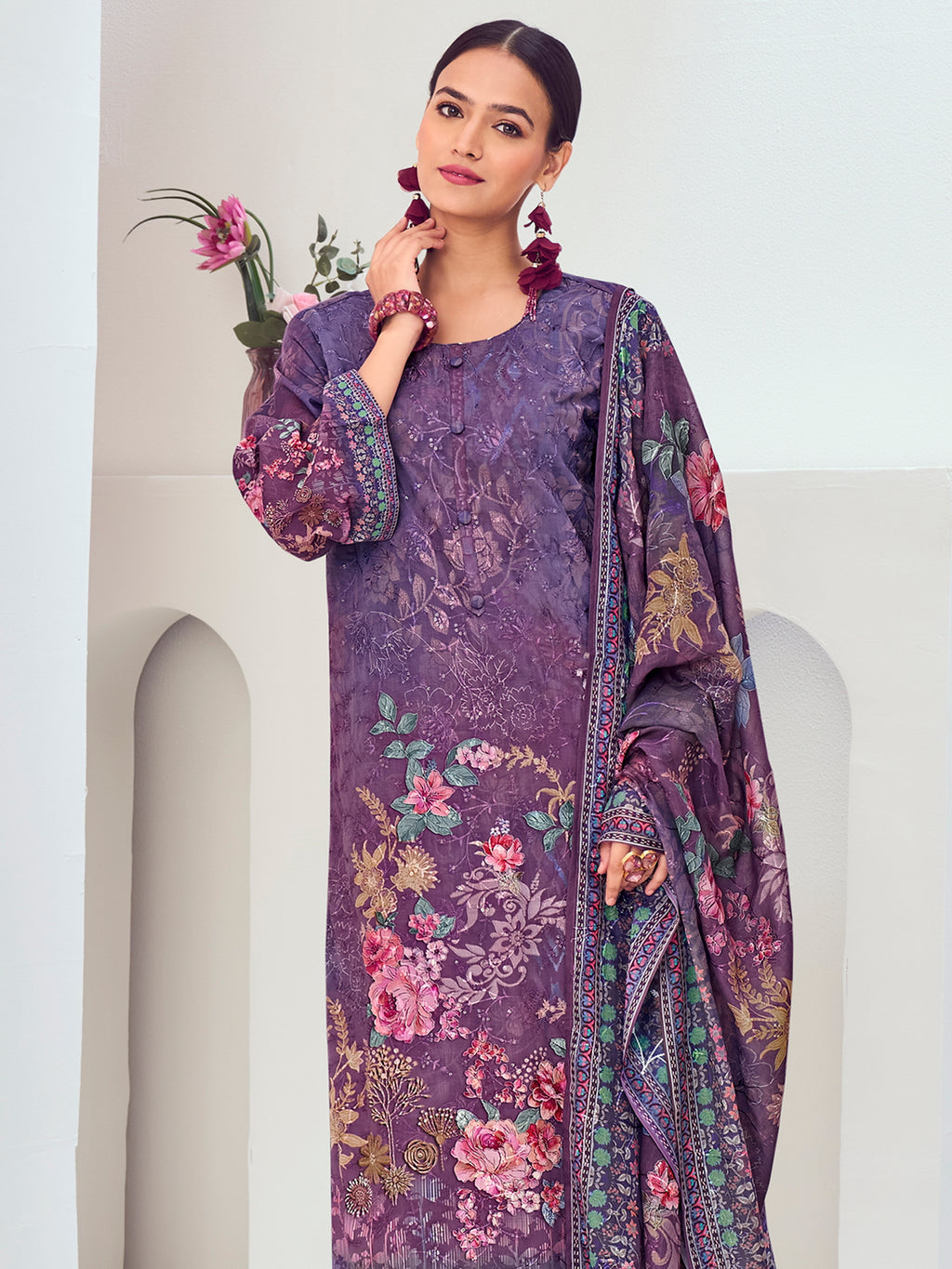 Purple Muslin Embroidered Indian Suit | Floral Digital Print with Resham Thread Work & Sequin