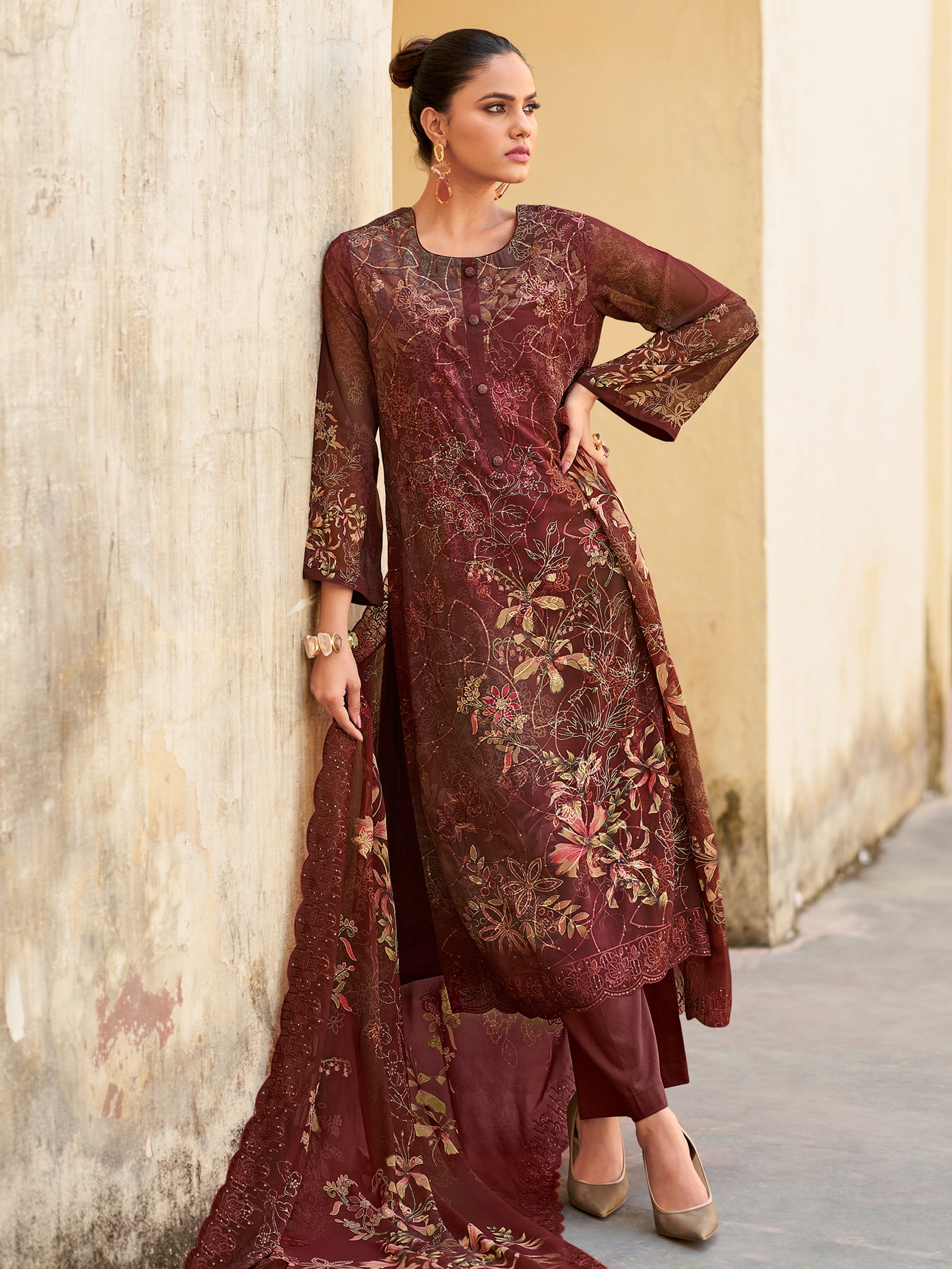 Multi Maroon Contrast Designer Suit | Floral Digital Print with Resham & Sequin Embroidery