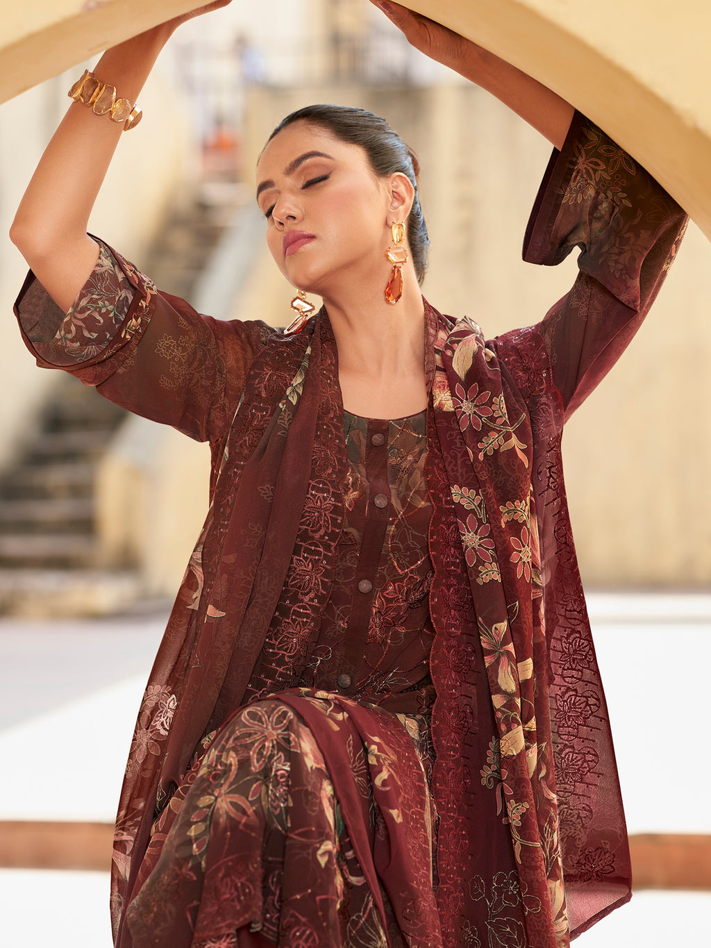 Multi Maroon Contrast Designer Suit | Floral Digital Print with Resham & Sequin Embroidery