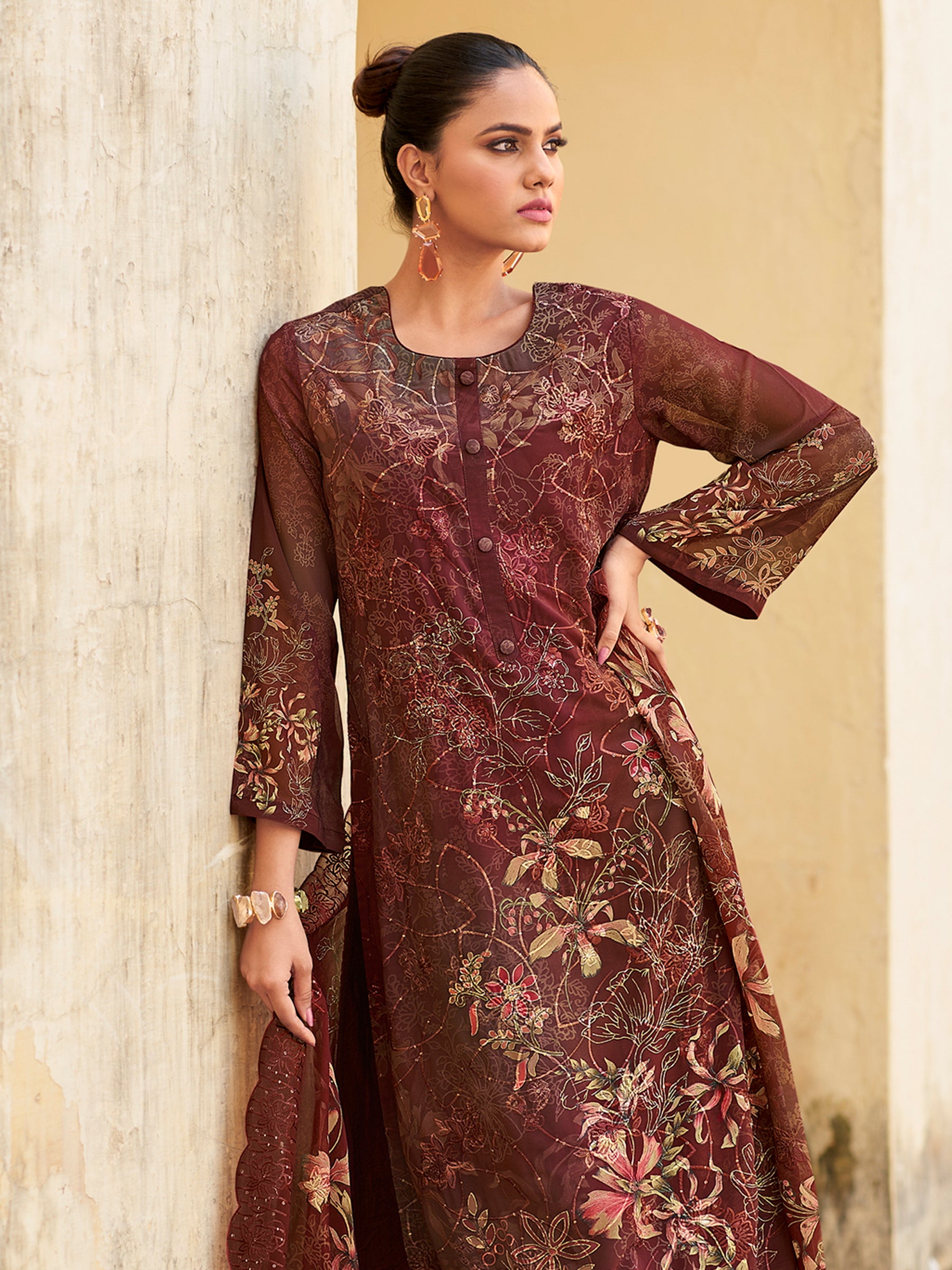 Multi Maroon Contrast Designer Suit | Floral Digital Print with Resham & Sequin Embroidery