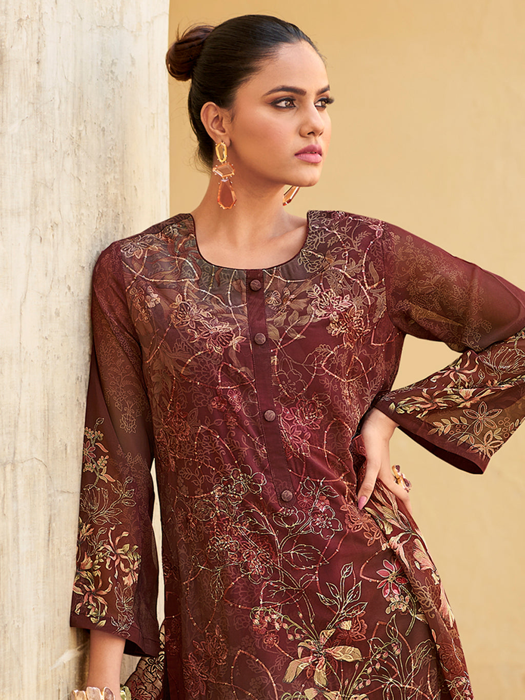 Multi Maroon Contrast Designer Suit | Floral Digital Print with Resham & Sequin Embroidery