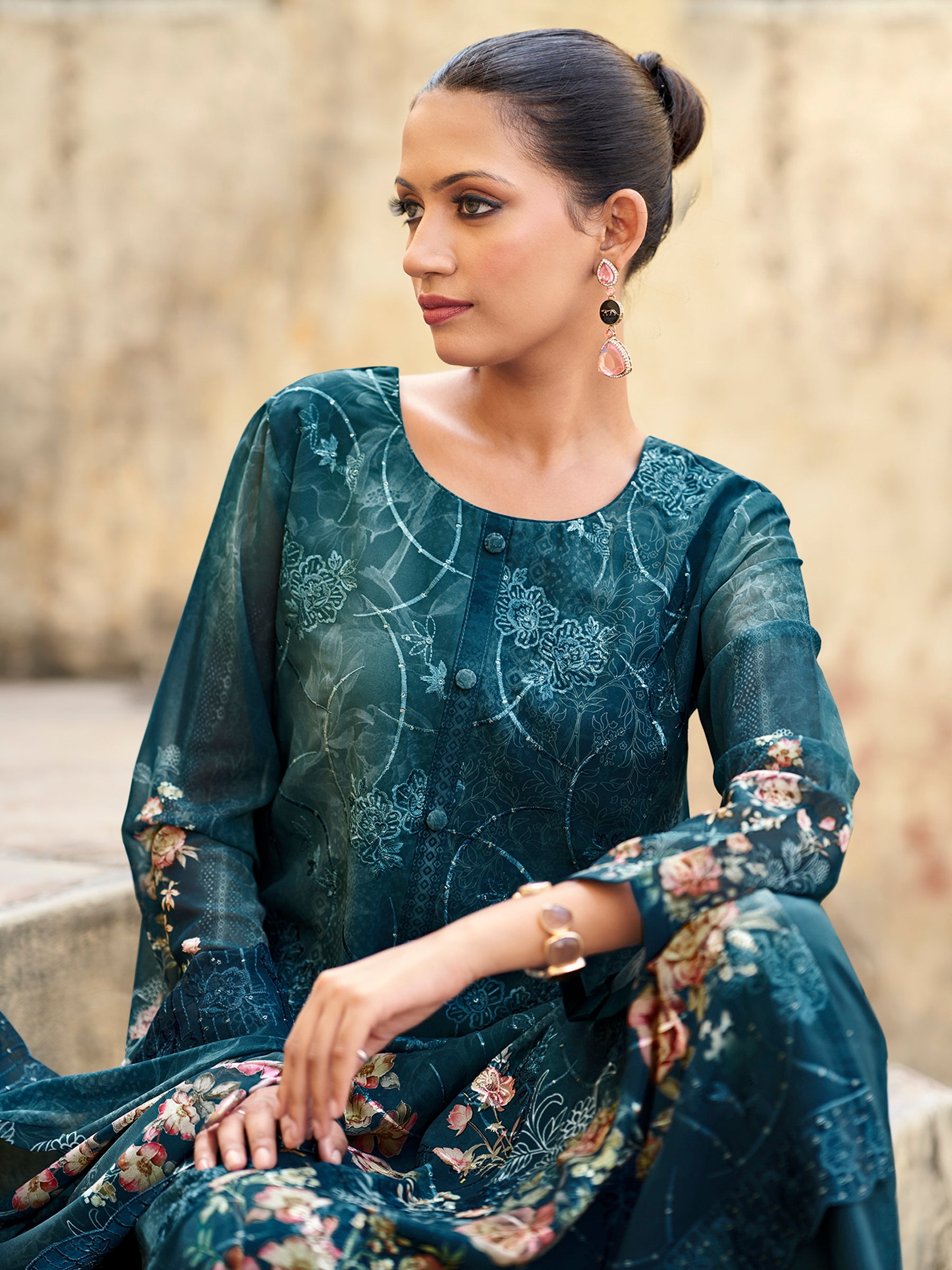 Royal Navy Designer Suit | Floral Digital Print with Resham & Sequin Embroidery