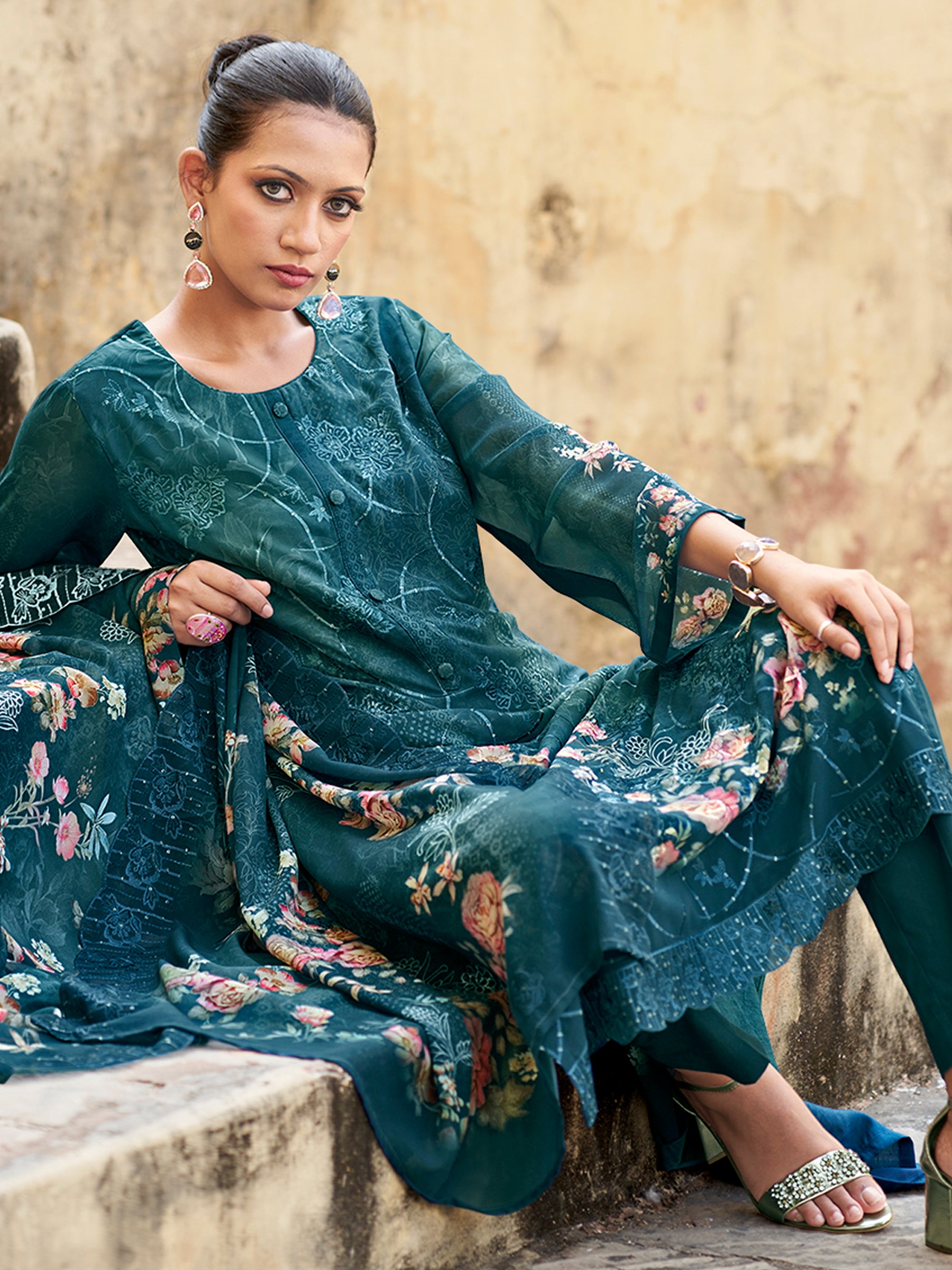 Royal Navy Designer Suit | Floral Digital Print with Resham & Sequin Embroidery