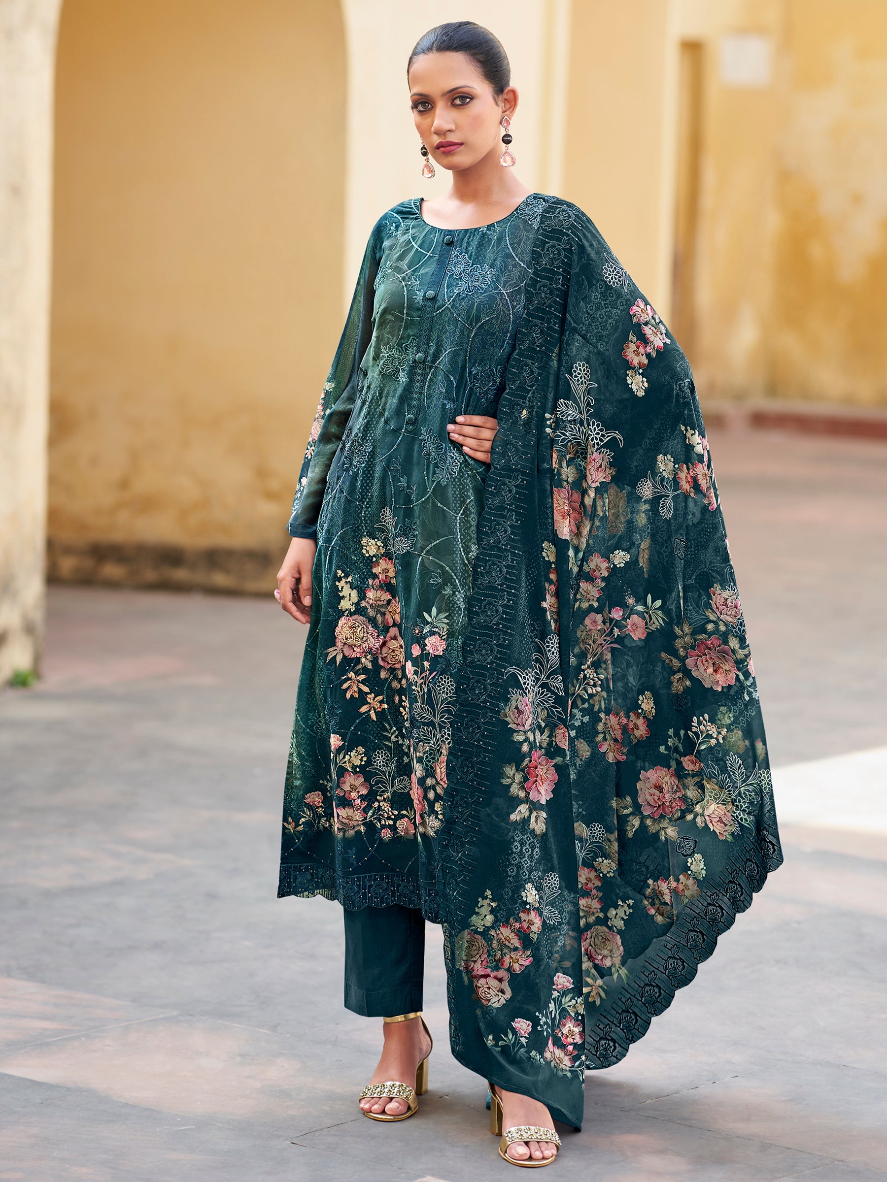 Royal Navy Designer Suit | Floral Digital Print with Resham & Sequin Embroidery