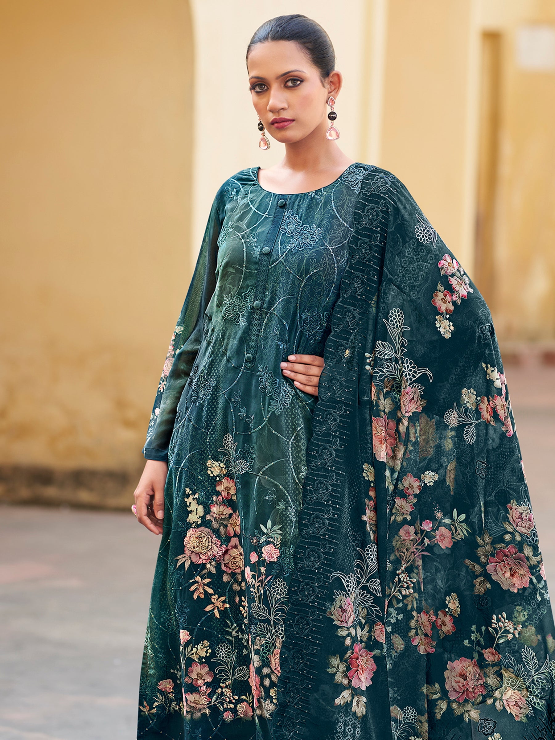 Royal Navy Designer Suit | Floral Digital Print with Resham & Sequin Embroidery