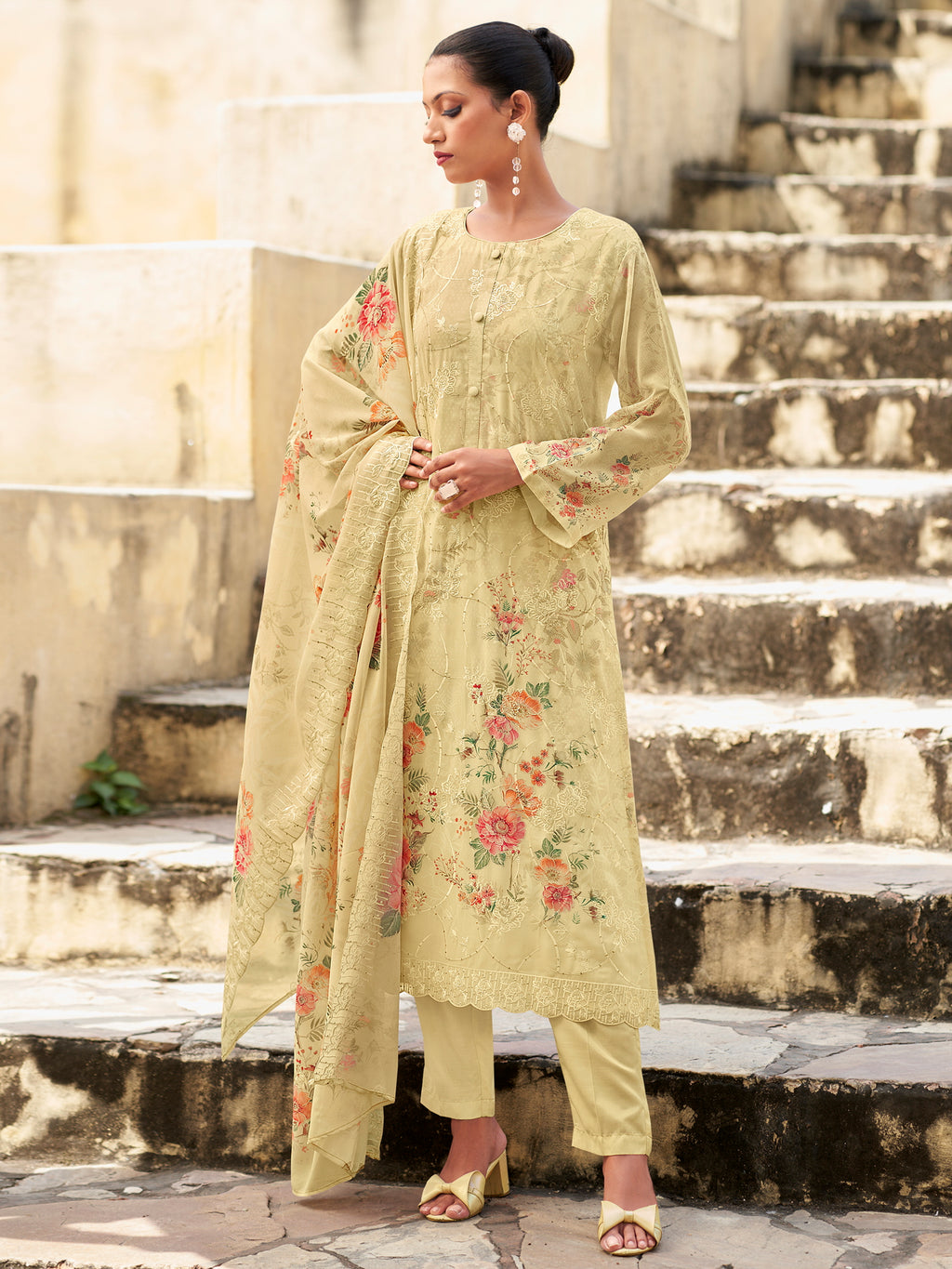 Ivory Garden Designer Suit | Floral Digital Print with Resham & Sequin Embroidery