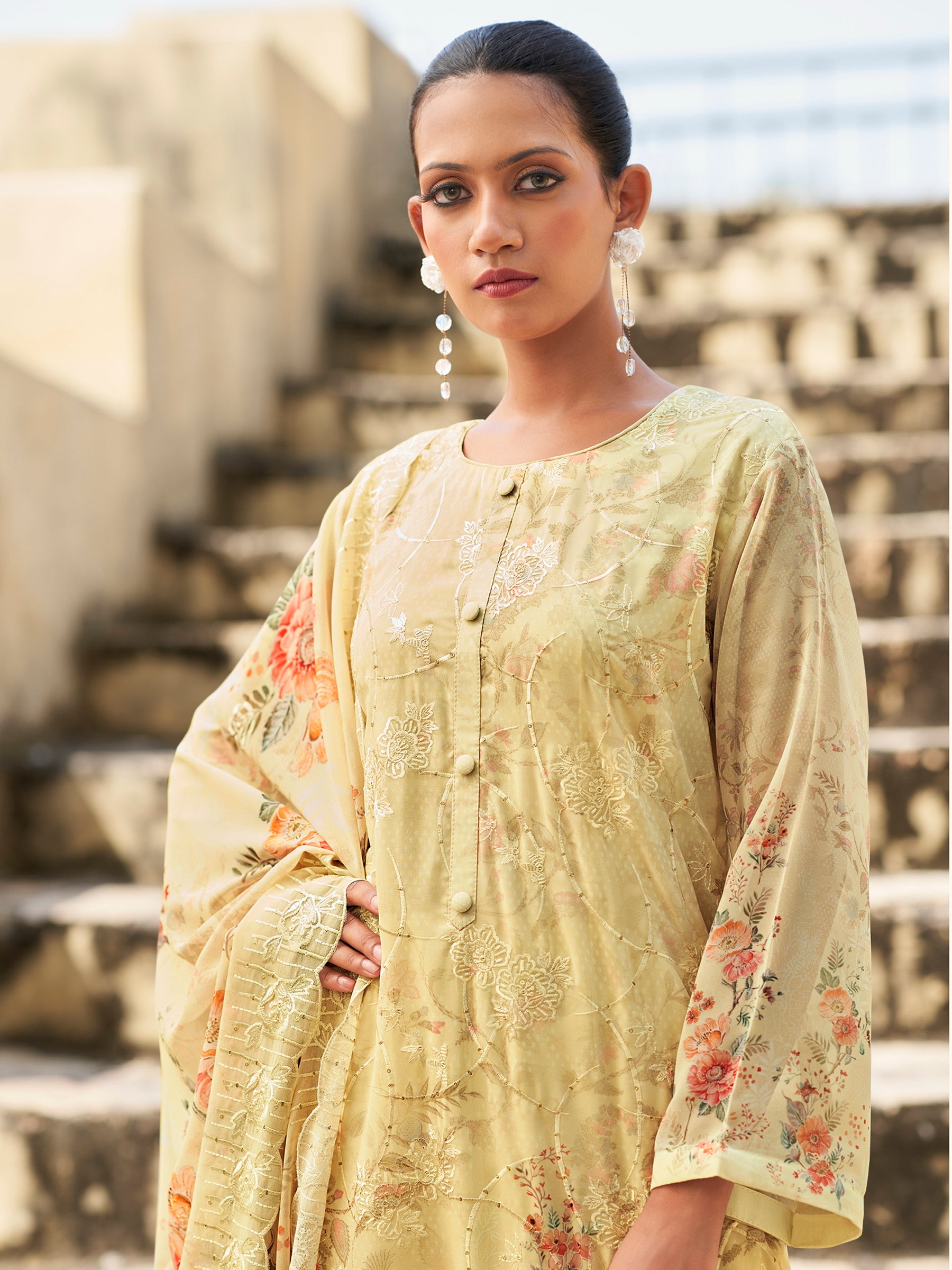 Ivory Garden Designer Suit | Floral Digital Print with Resham & Sequin Embroidery