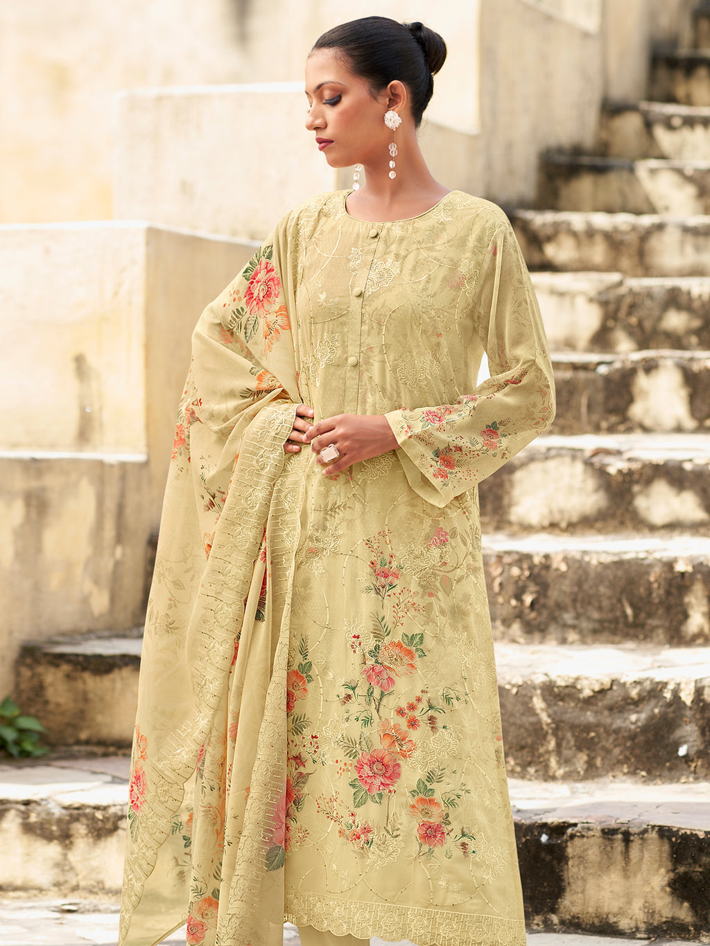 Ivory Garden Designer Suit | Floral Digital Print with Resham & Sequin Embroidery