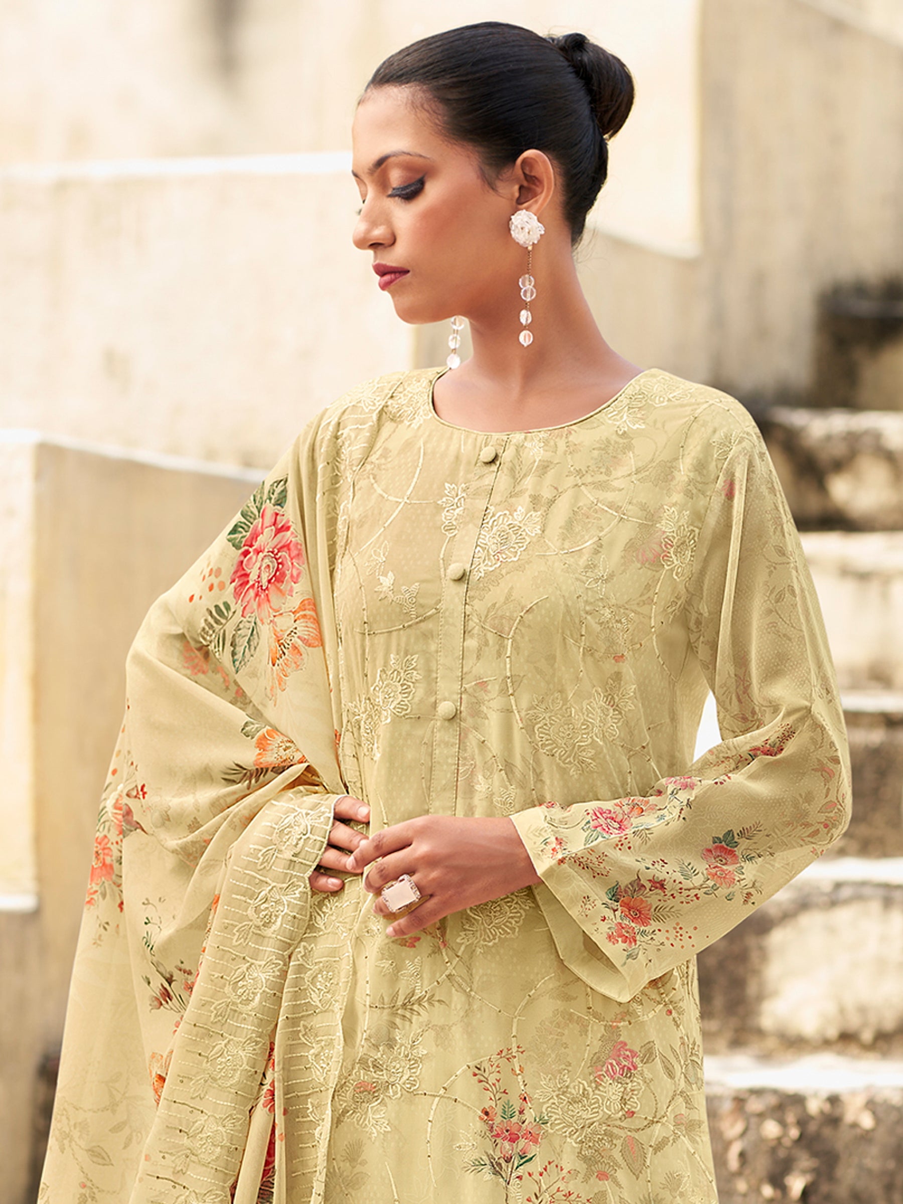 Ivory Garden Designer Suit | Floral Digital Print with Resham & Sequin Embroidery