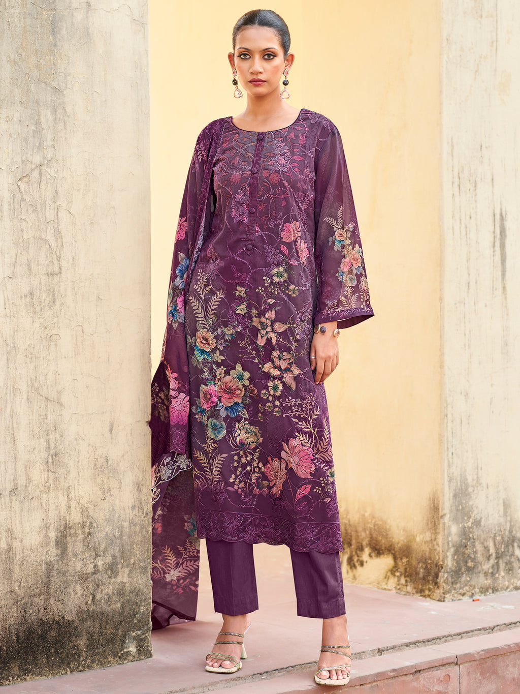 Royal Amethyst Designer Suit | Floral Digital Print with Resham & Sequin Embroidery