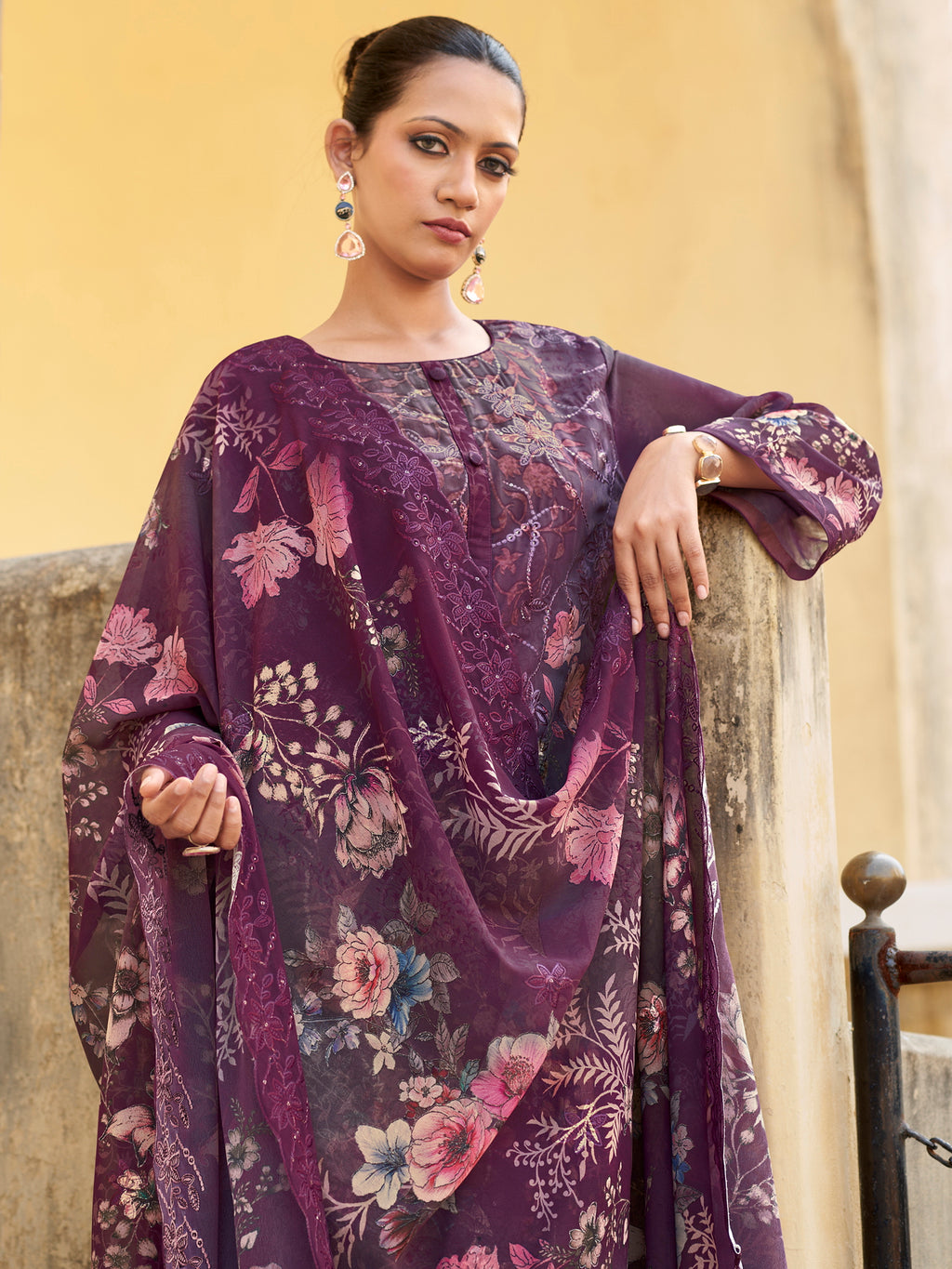 Royal Amethyst Designer Suit | Floral Digital Print with Resham & Sequin Embroidery