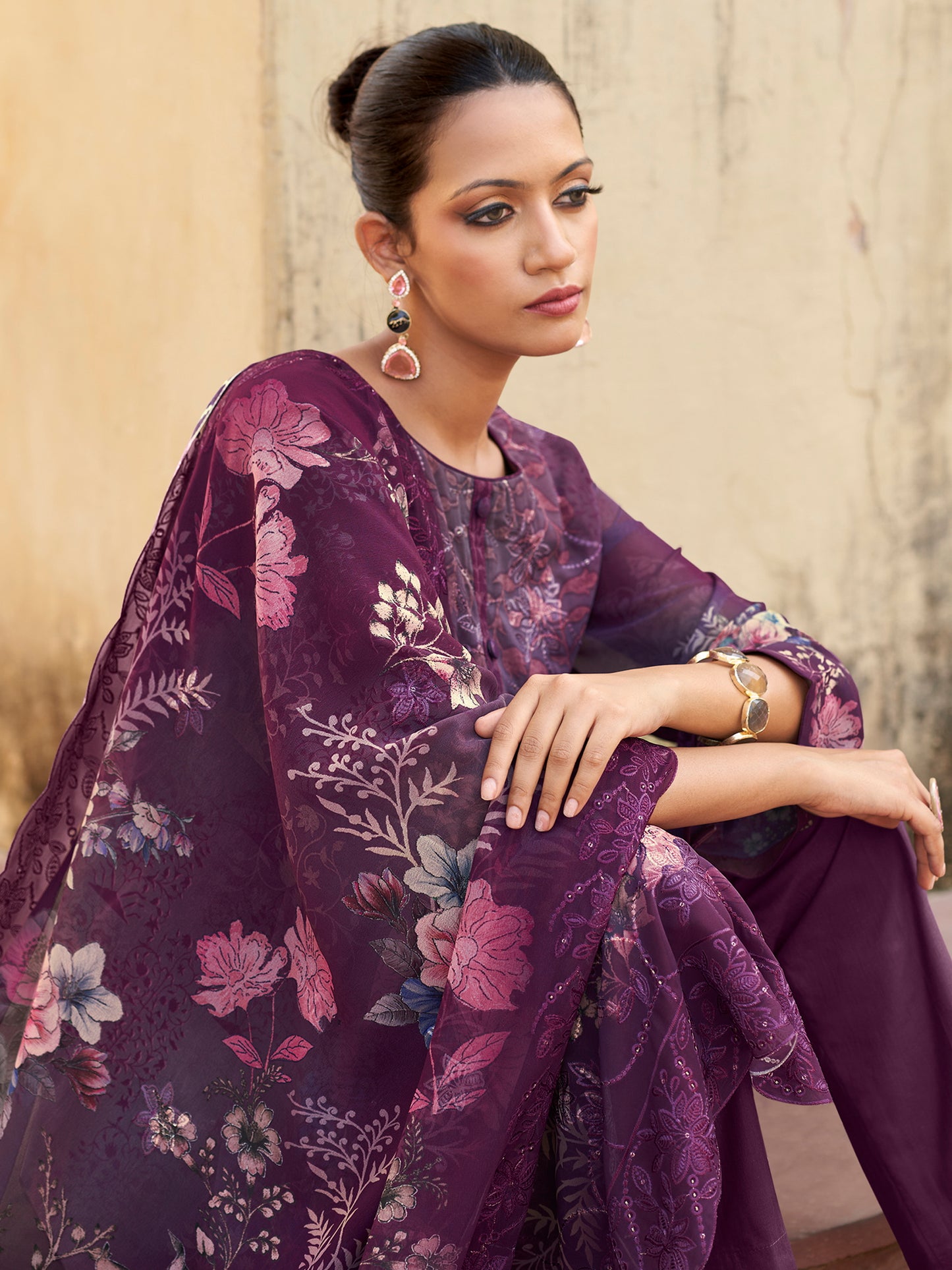 Royal Amethyst Designer Suit | Floral Digital Print with Resham & Sequin Embroidery