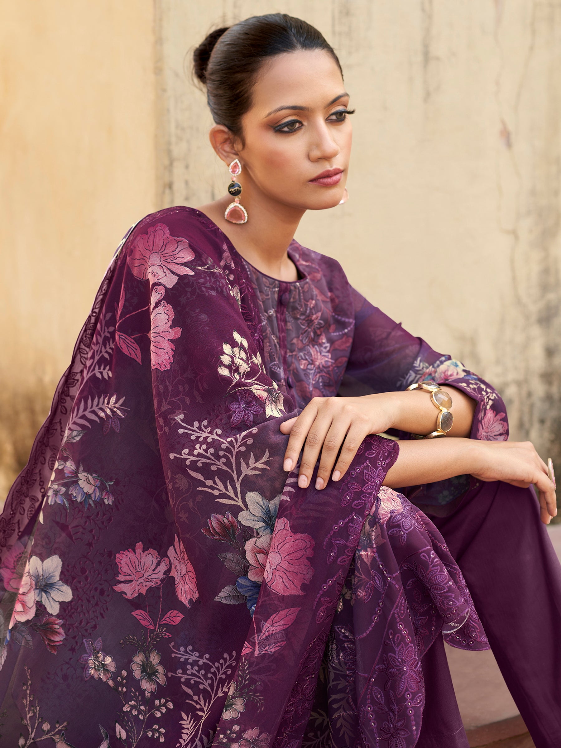 Royal Amethyst Designer Suit | Floral Digital Print with Resham & Sequin Embroidery