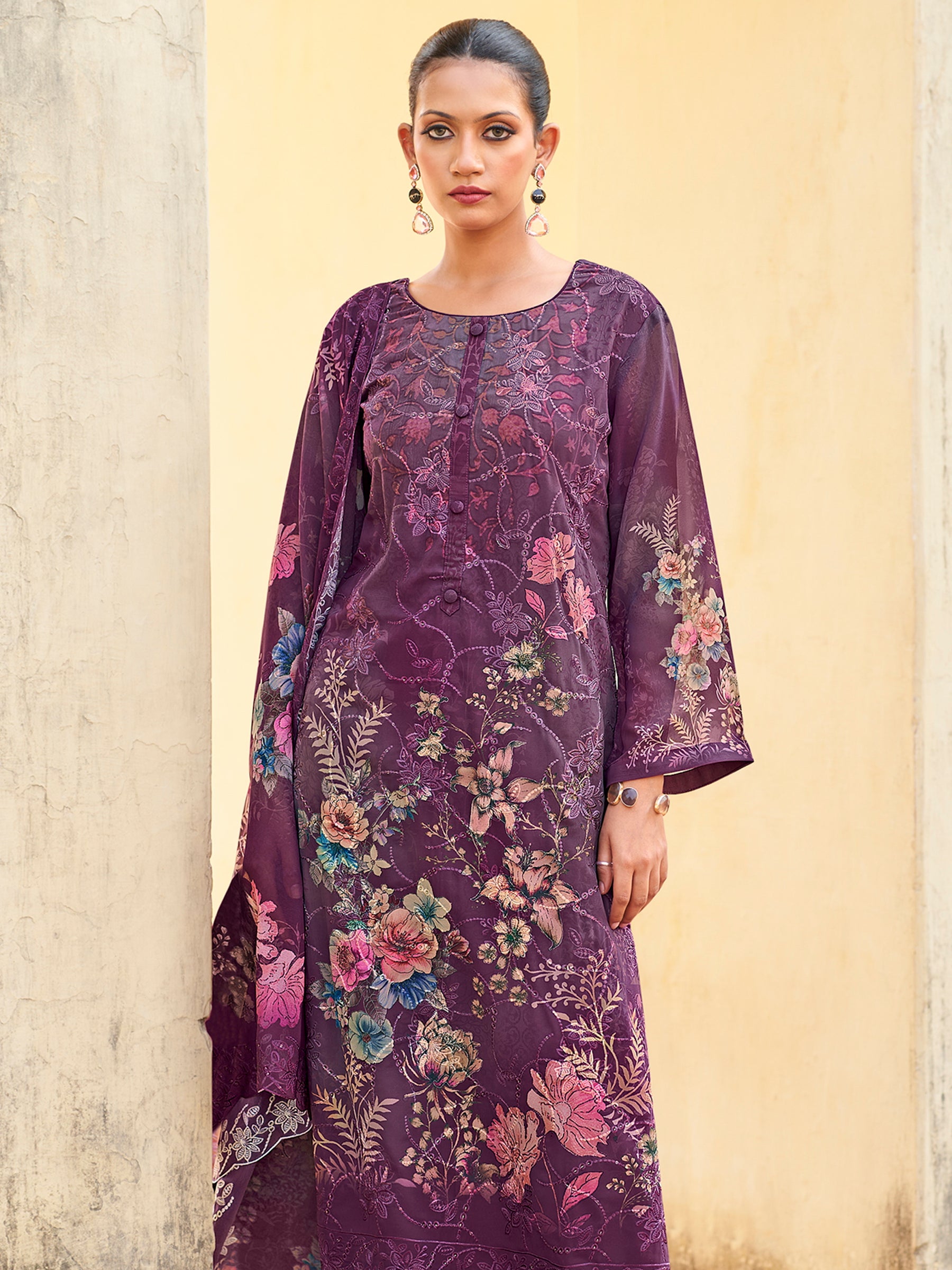 Royal Amethyst Designer Suit | Floral Digital Print with Resham & Sequin Embroidery