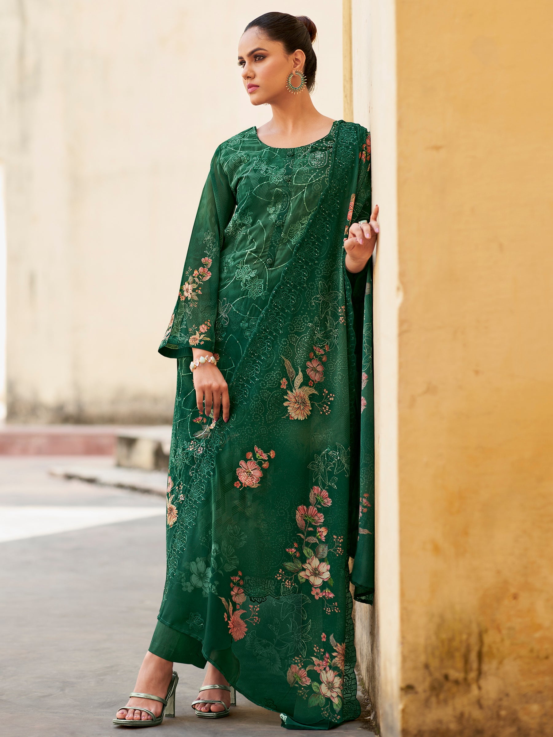 Emerald Garden Designer Suit | Floral Digital Print with Resham & Sequin Embroidery
