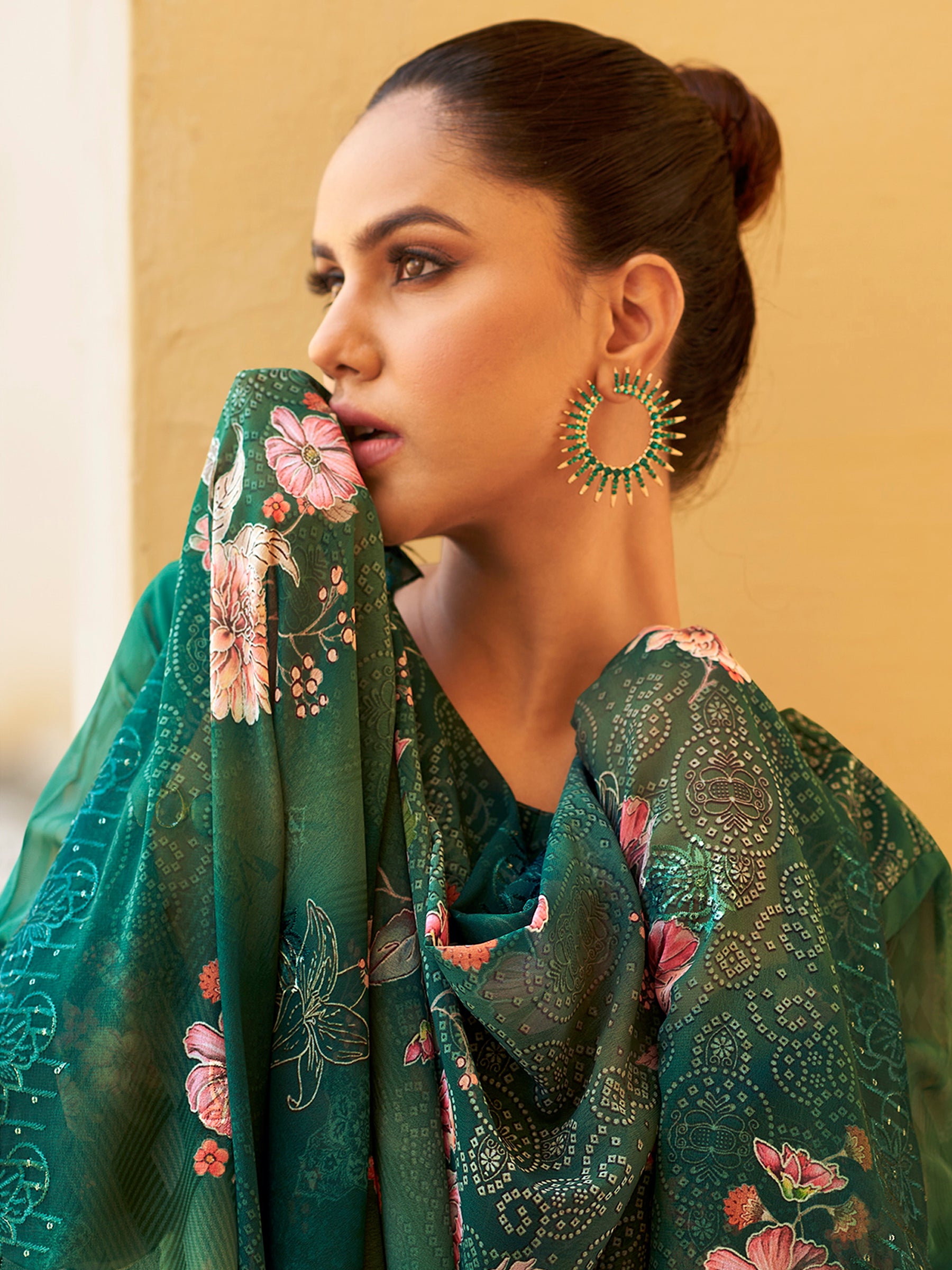 Emerald Garden Designer Suit | Floral Digital Print with Resham & Sequin Embroidery