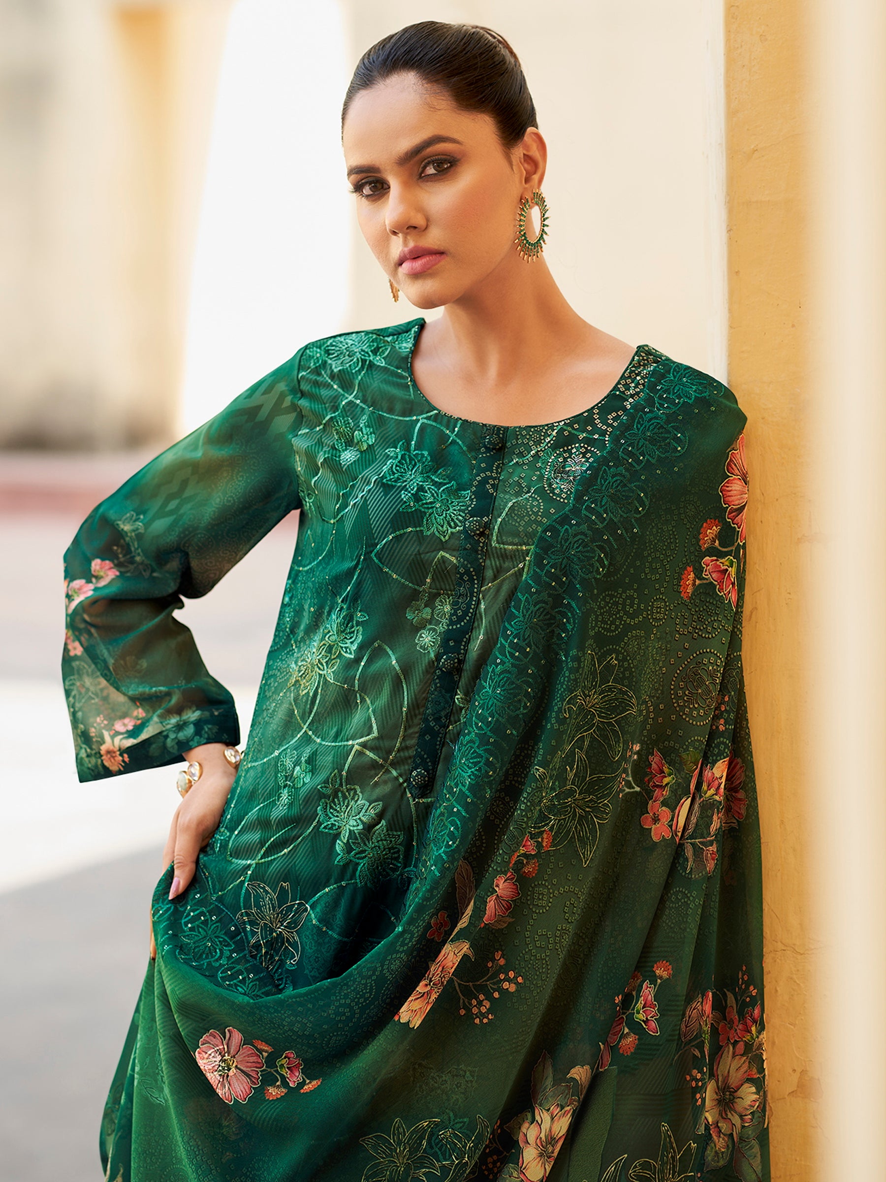 Emerald Garden Designer Suit | Floral Digital Print with Resham & Sequin Embroidery