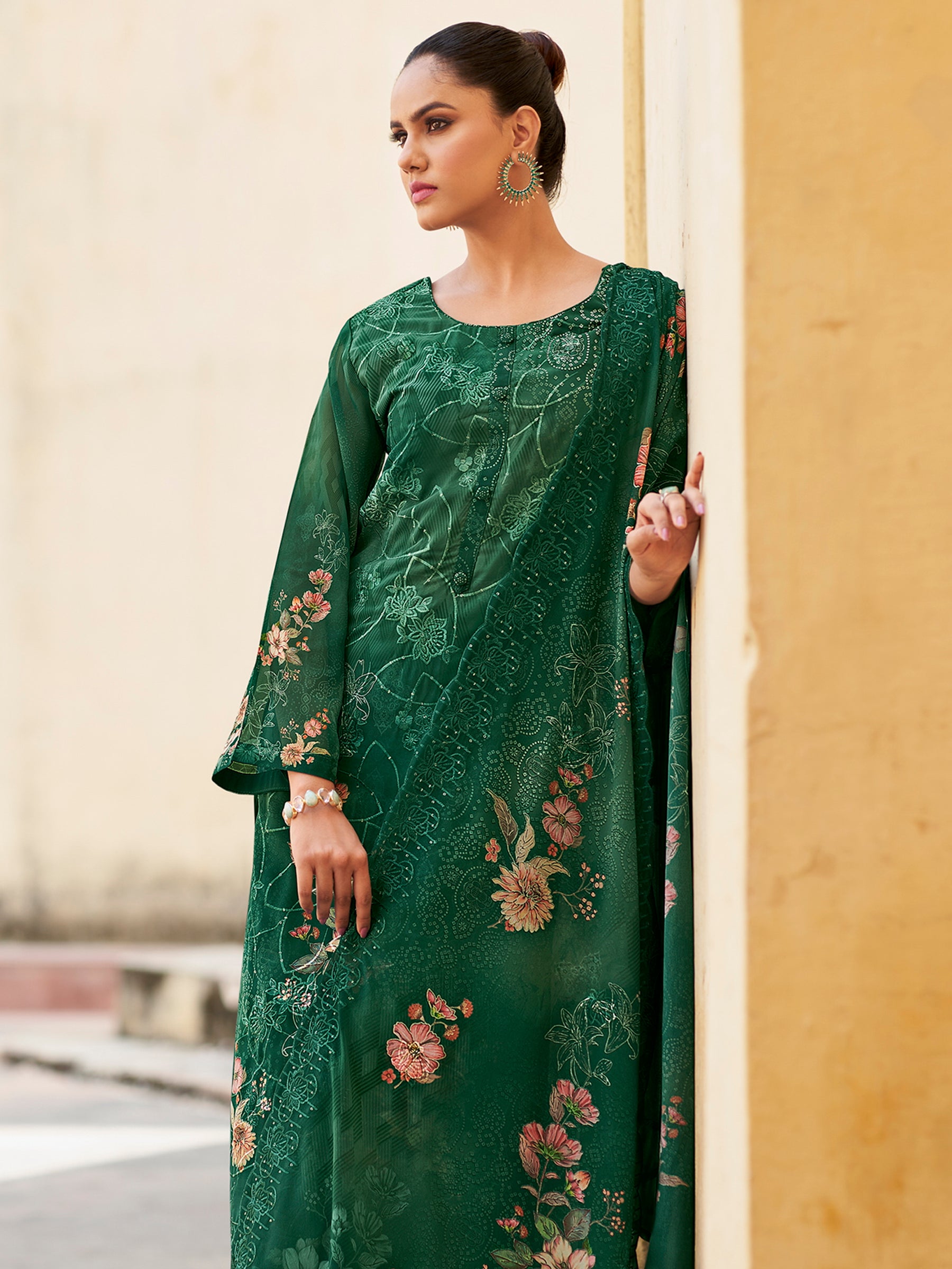 Emerald Garden Designer Suit | Floral Digital Print with Resham & Sequin Embroidery