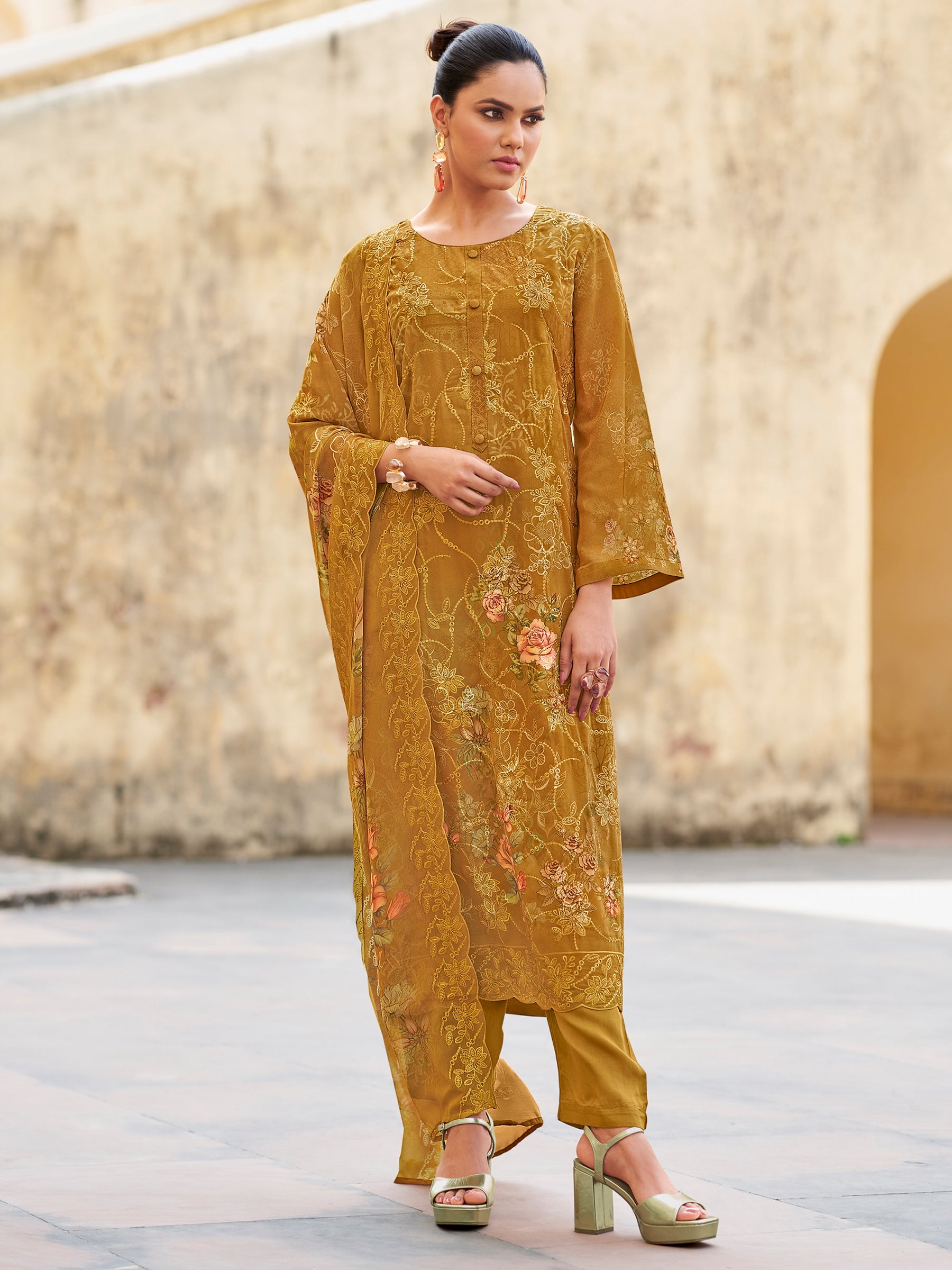 Sunshine Mustard Designer Suit | Floral Digital Print with Resham & Sequin Embroidery