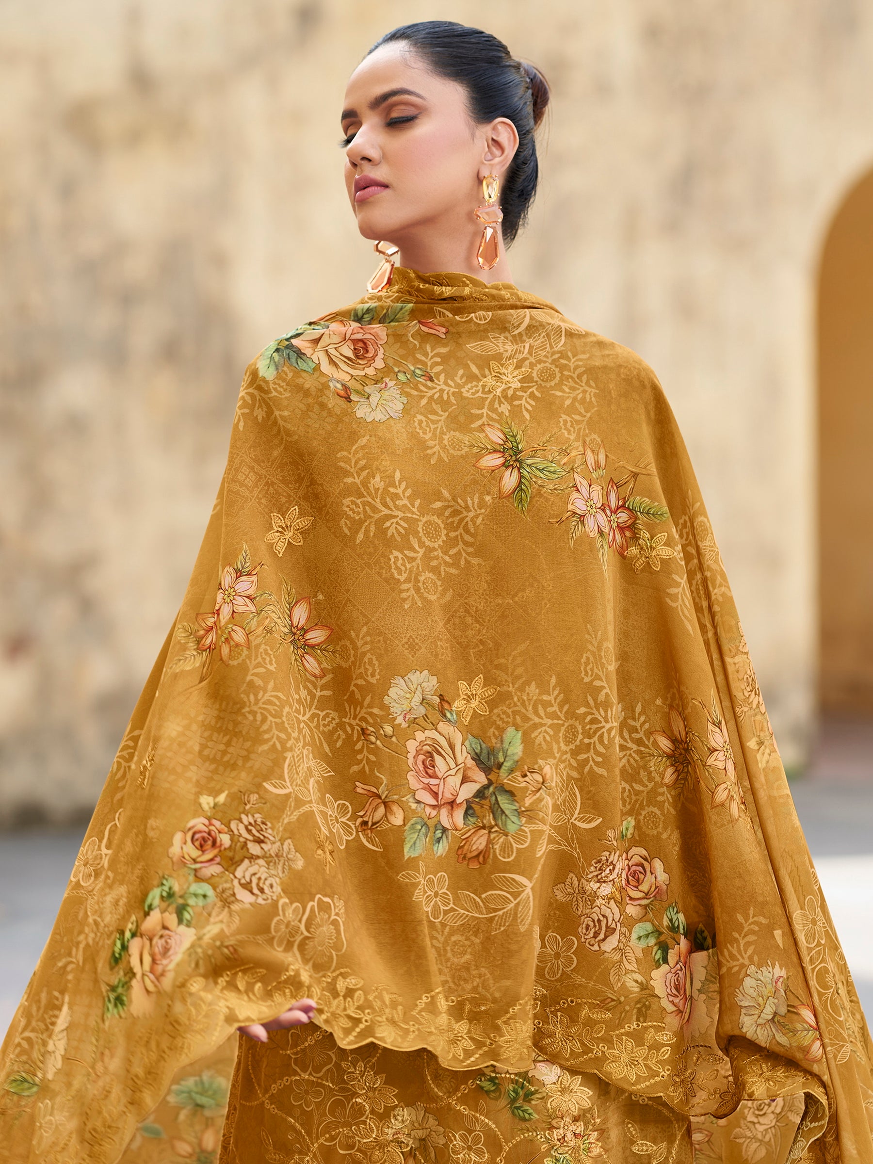 Sunshine Mustard Designer Suit | Floral Digital Print with Resham & Sequin Embroidery