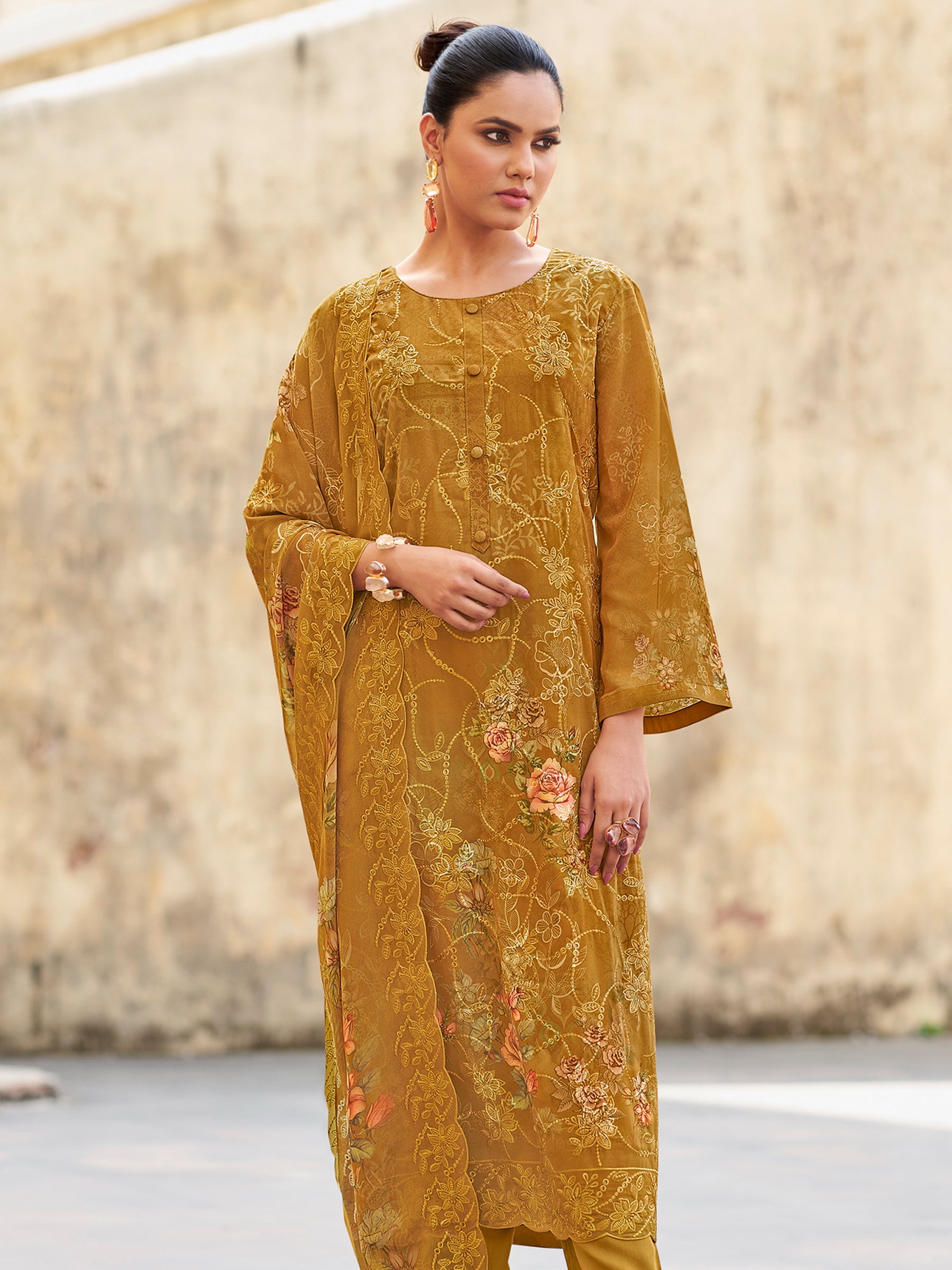 Sunshine Mustard Designer Suit | Floral Digital Print with Resham & Sequin Embroidery