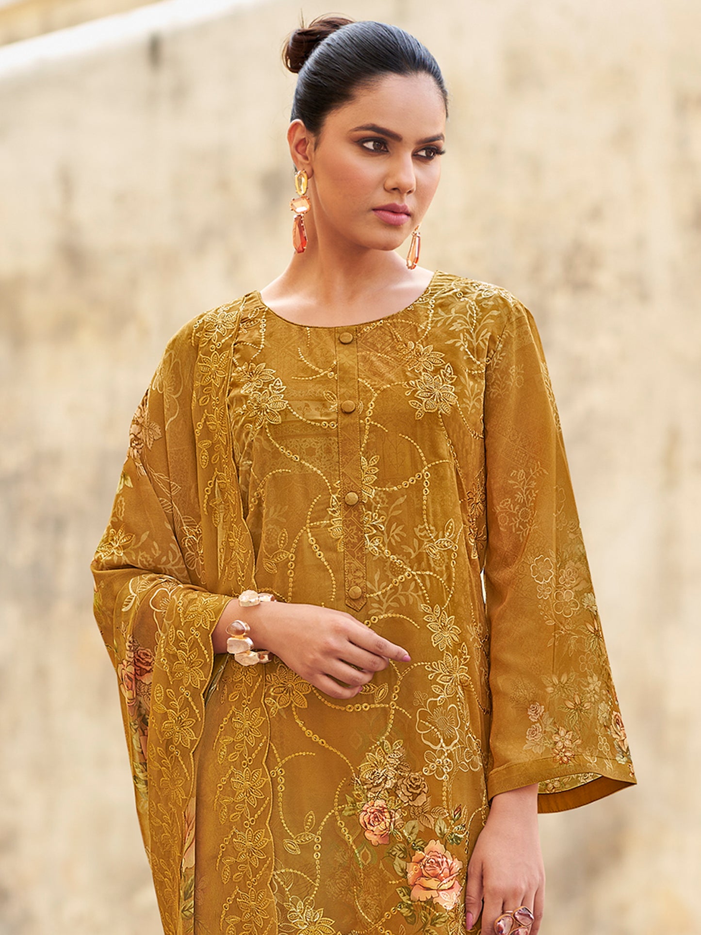 Sunshine Mustard Designer Suit | Floral Digital Print with Resham & Sequin Embroidery