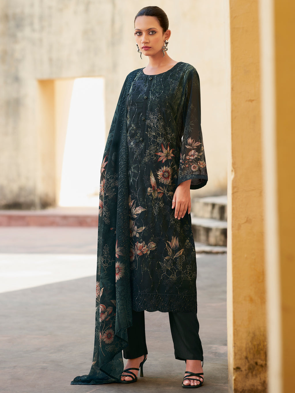 Midnight Noir Designer Suit | Floral Digital Print with Resham & Sequin Embroidery
