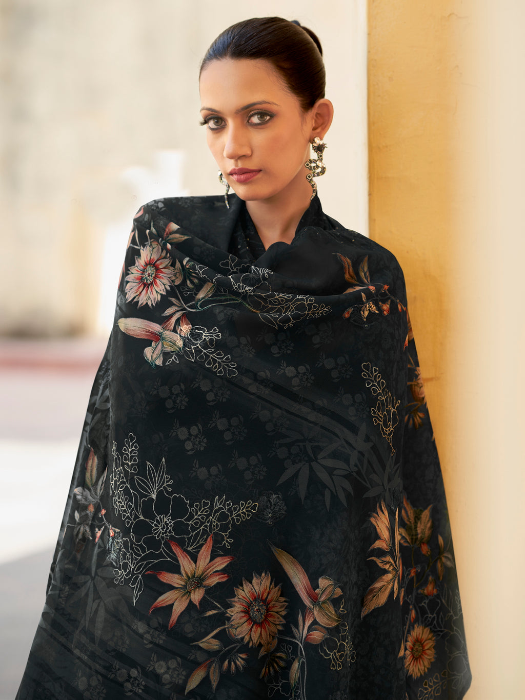 Midnight Noir Designer Suit | Floral Digital Print with Resham & Sequin Embroidery