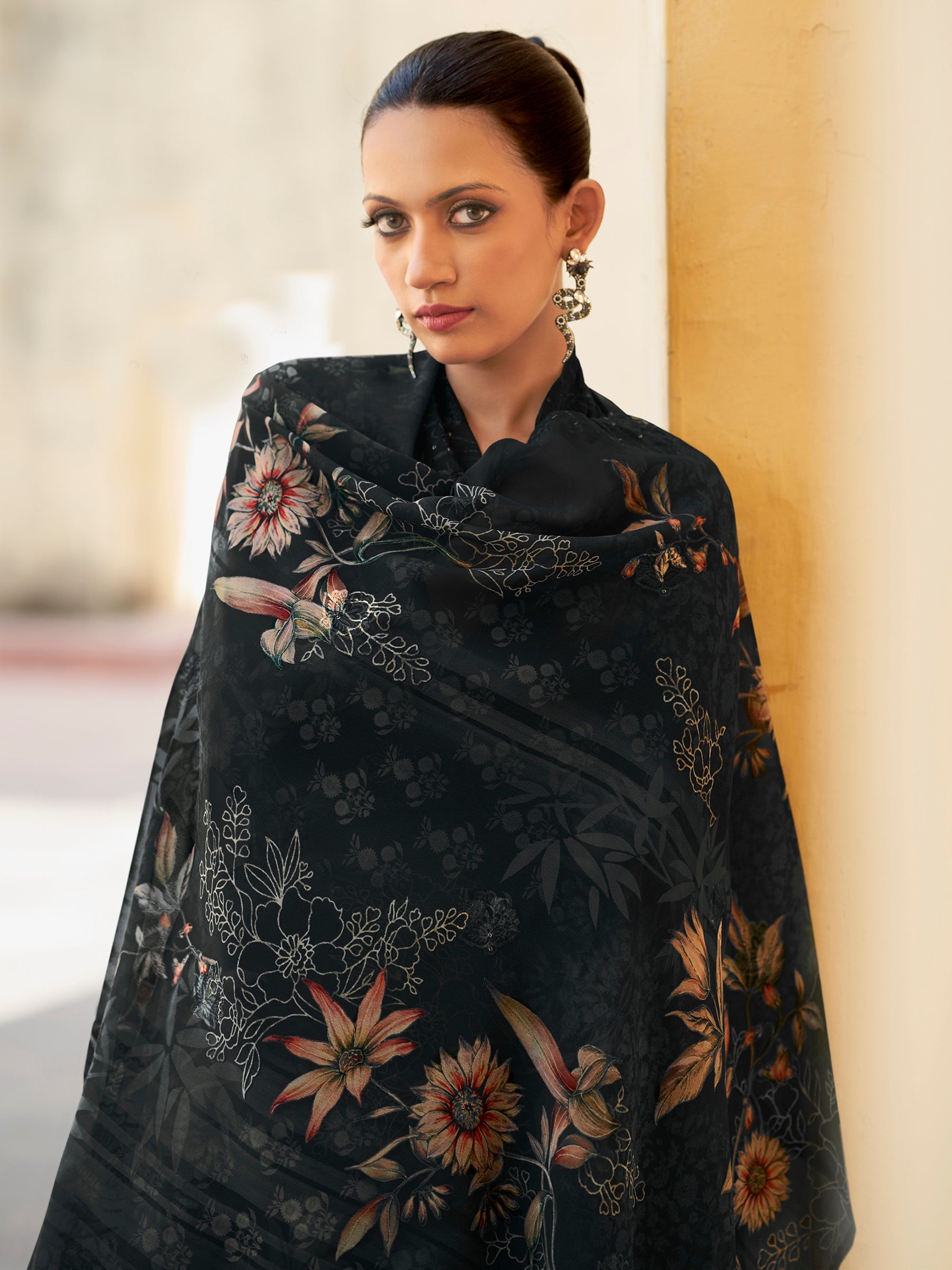 Midnight Noir Designer Suit | Floral Digital Print with Resham & Sequin Embroidery