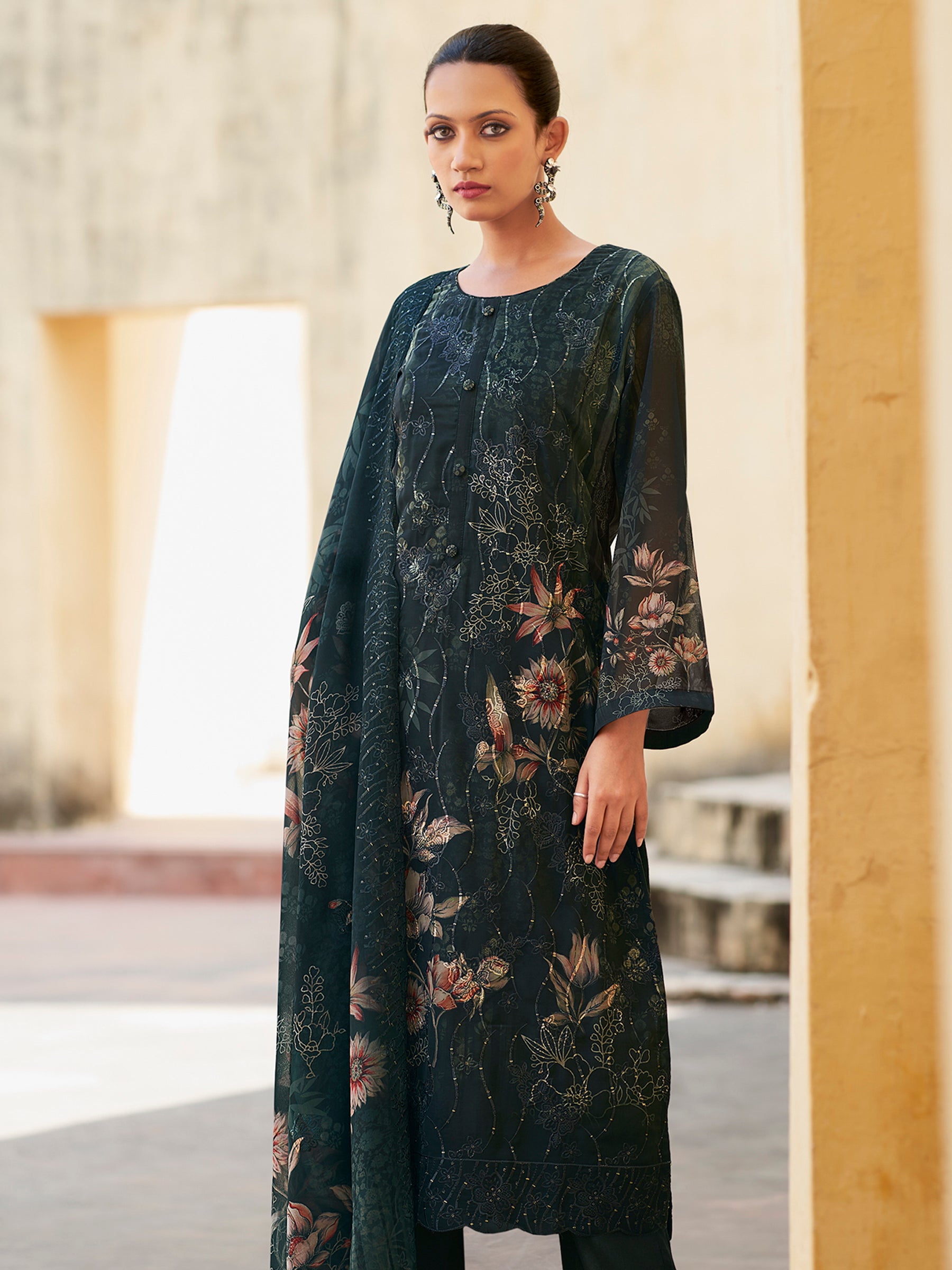 Midnight Noir Designer Suit | Floral Digital Print with Resham & Sequin Embroidery