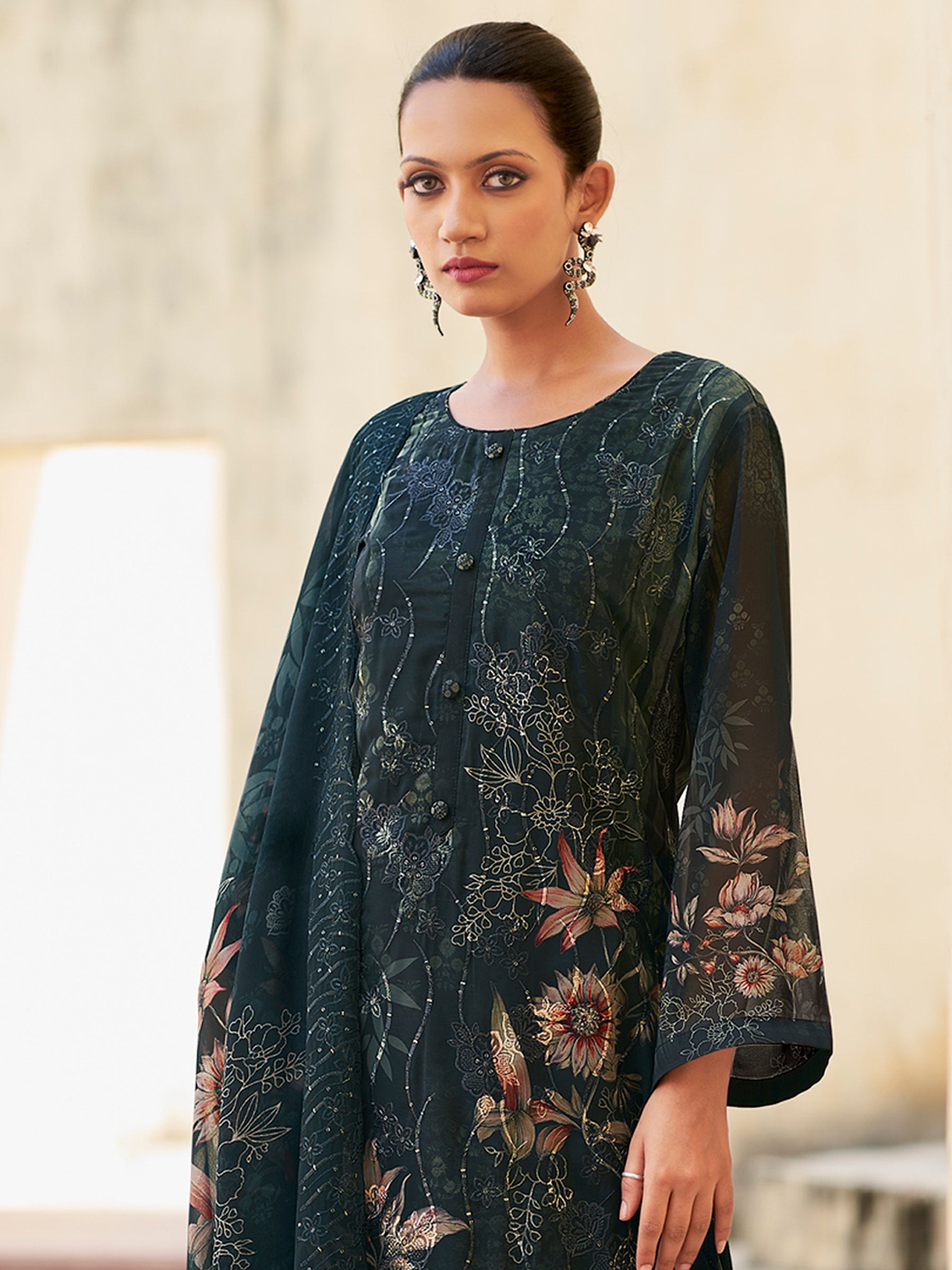 Midnight Noir Designer Suit | Floral Digital Print with Resham & Sequin Embroidery