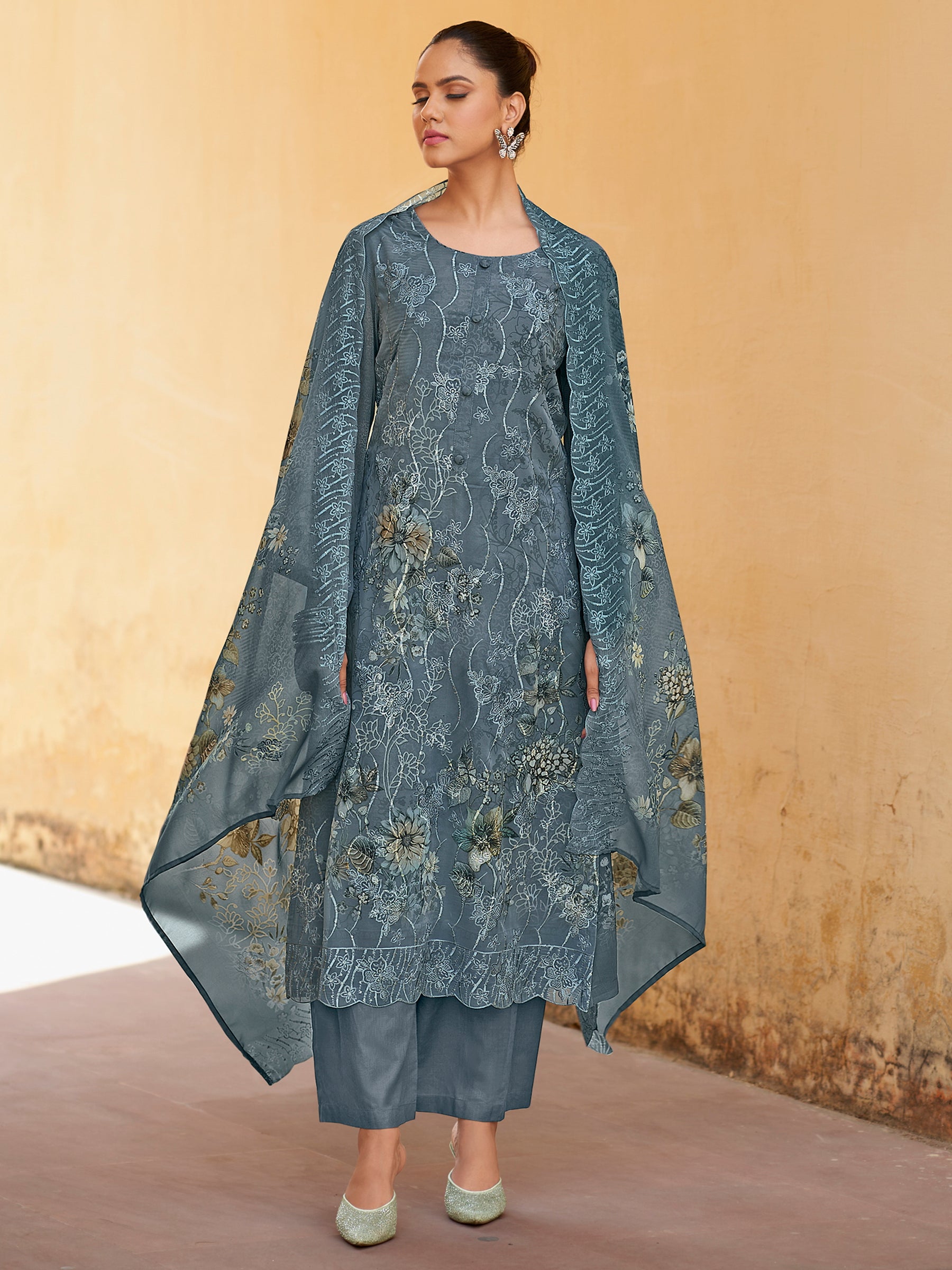 Silver Mist Designer Suit | Floral Digital Print with Resham & Sequin Embroidery