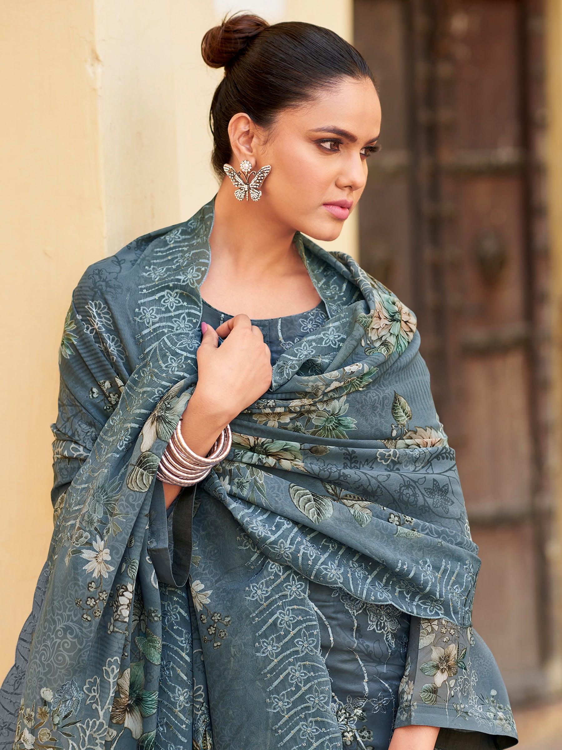 Silver Mist Designer Suit | Floral Digital Print with Resham & Sequin Embroidery