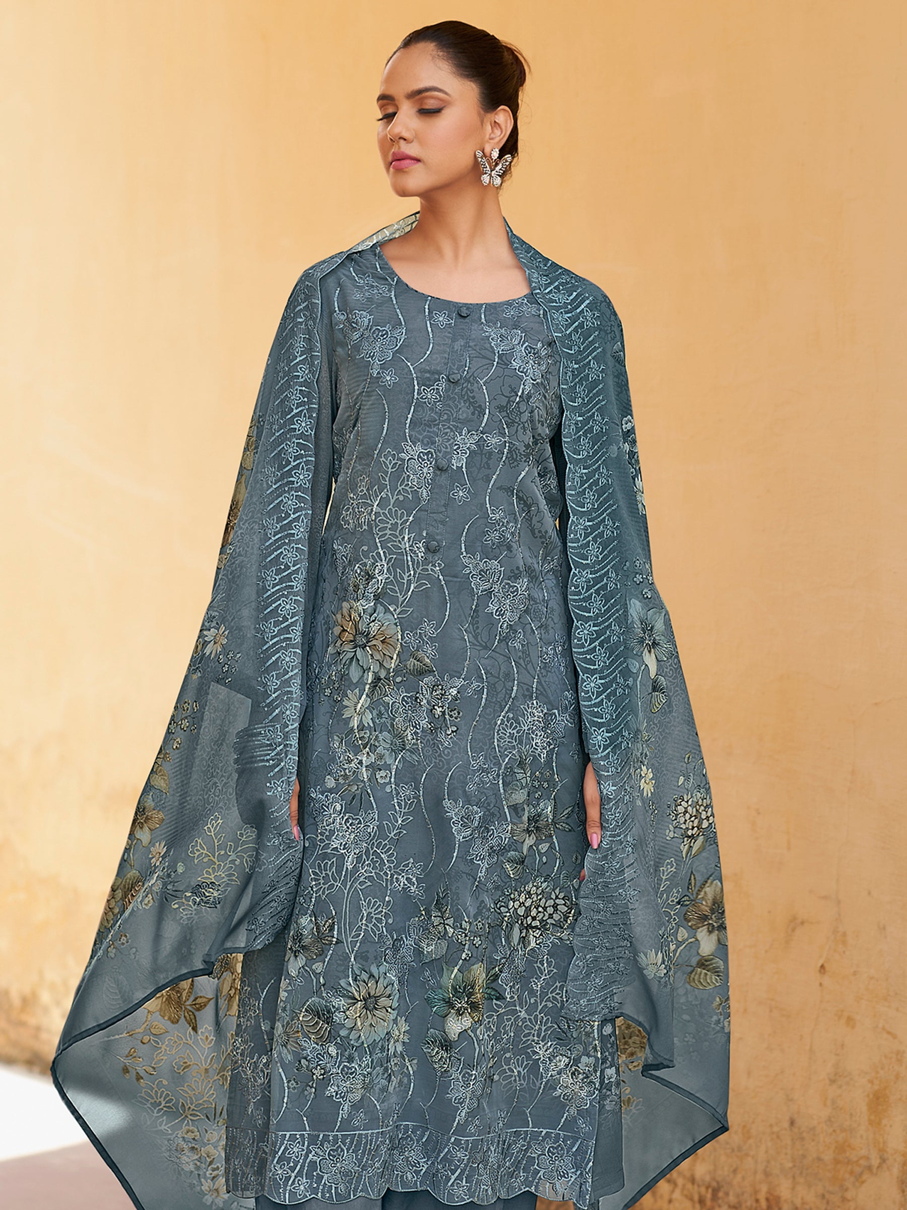 Silver Mist Designer Suit | Floral Digital Print with Resham & Sequin Embroidery