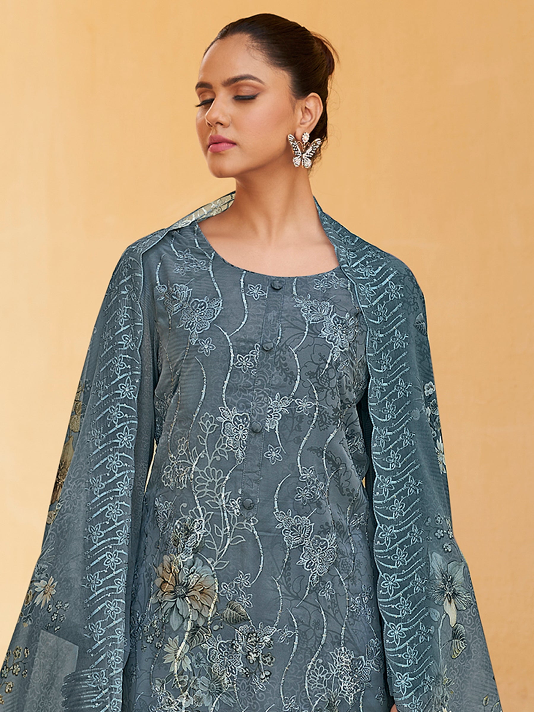 Silver Mist Designer Suit | Floral Digital Print with Resham & Sequin Embroidery