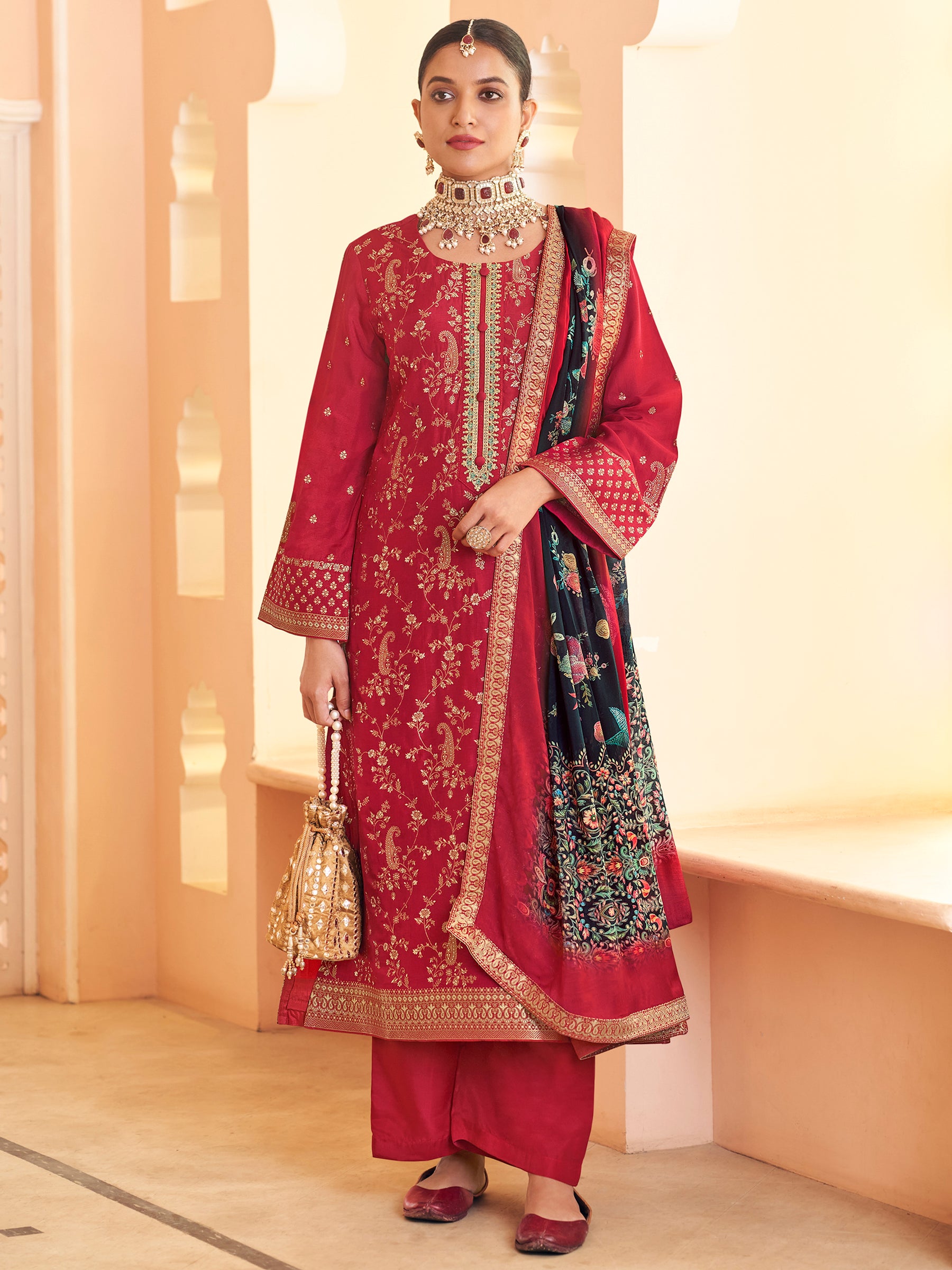 Exclusive Red Dola Silk Jacquard Embroidered Suit with Paisley Design & Sequin Details