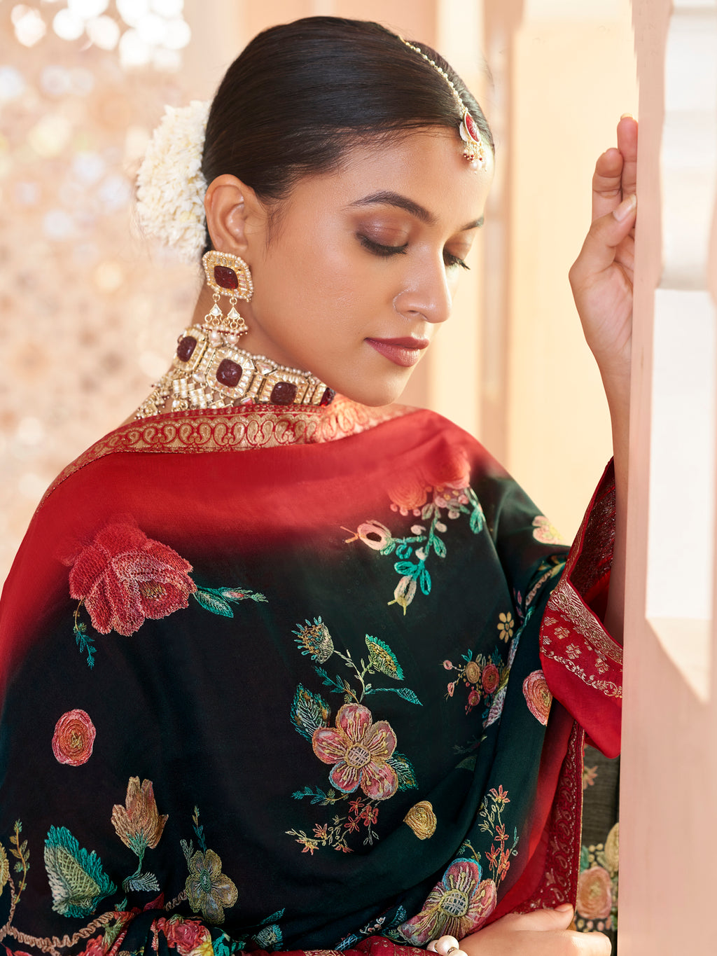 Exclusive Red Dola Silk Jacquard Embroidered Suit with Paisley Design & Sequin Details