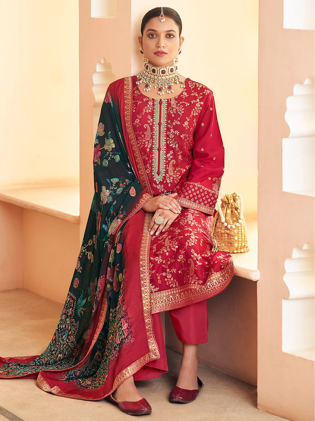 Exclusive Red Dola Silk Jacquard Embroidered Suit with Paisley Design & Sequin Details