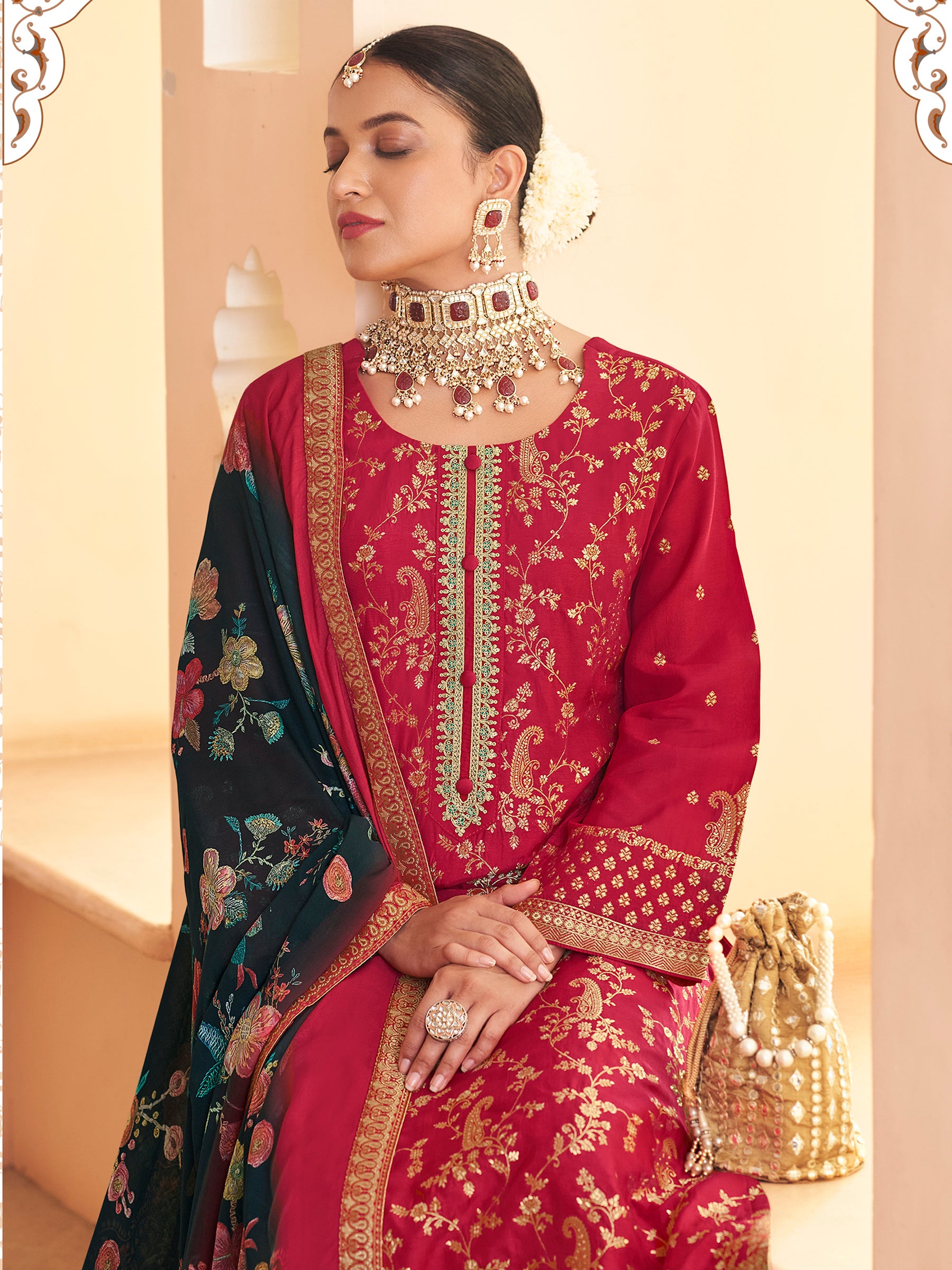 Exclusive Red Dola Silk Jacquard Embroidered Suit with Paisley Design & Sequin Details