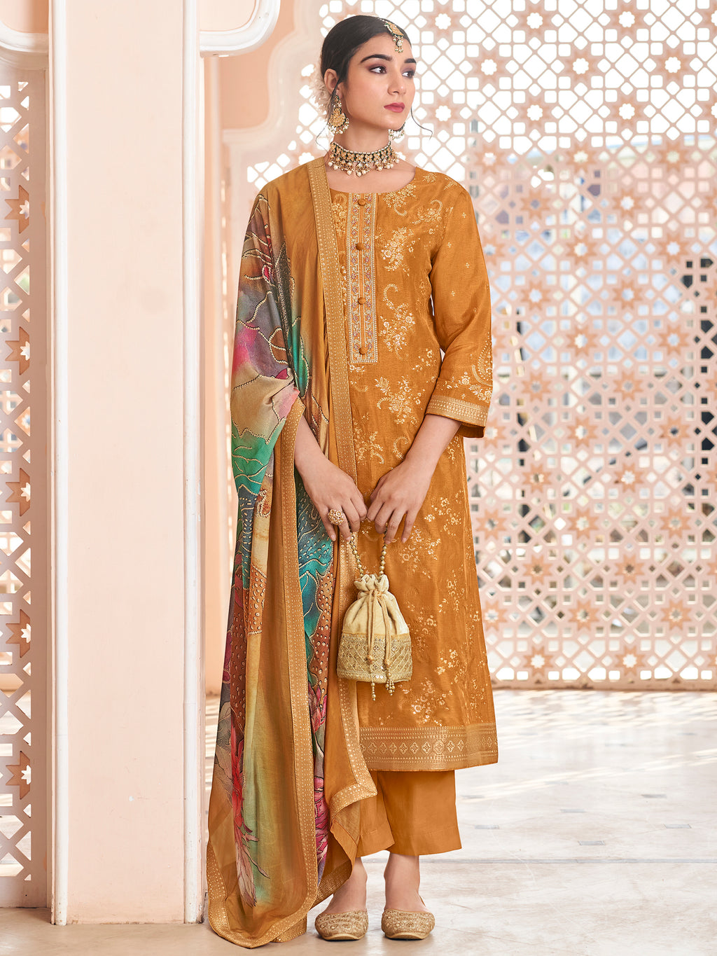 Royal Mustard Dola Silk Jacquard Embroidered Suit with Paisley & Sequin Detailing
