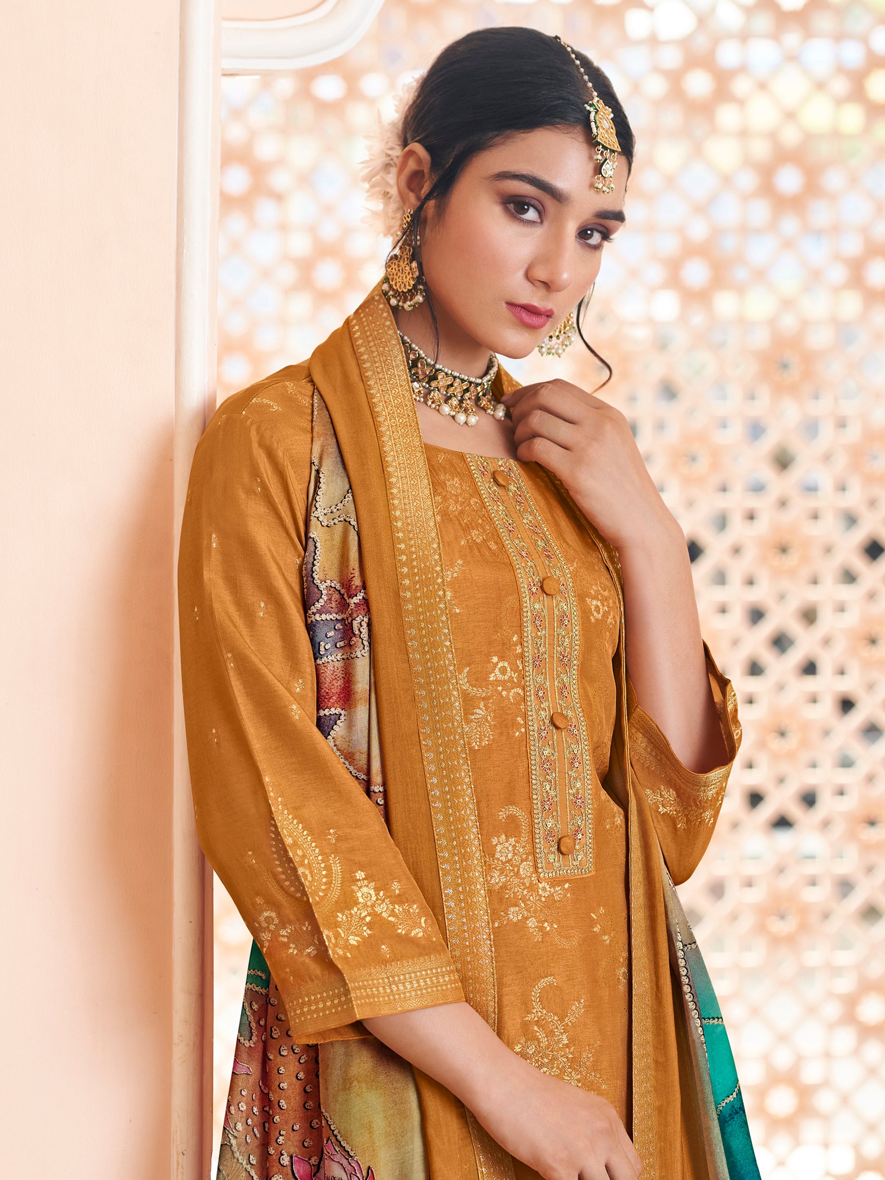 Royal Mustard Dola Silk Jacquard Embroidered Suit with Paisley & Sequin Detailing