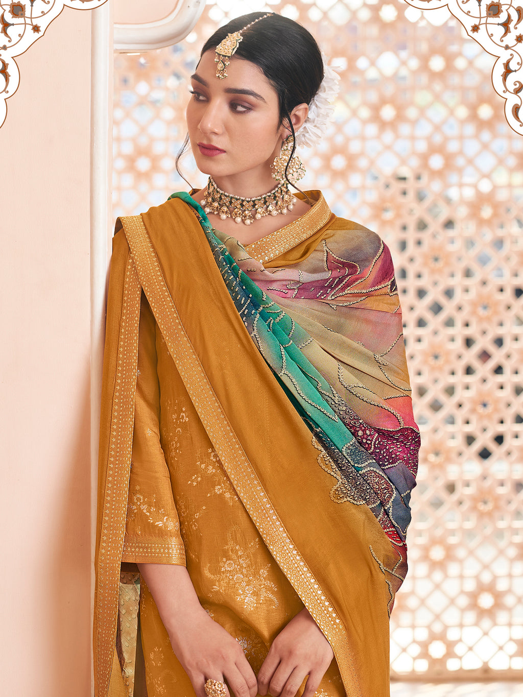 Royal Mustard Dola Silk Jacquard Embroidered Suit with Paisley & Sequin Detailing