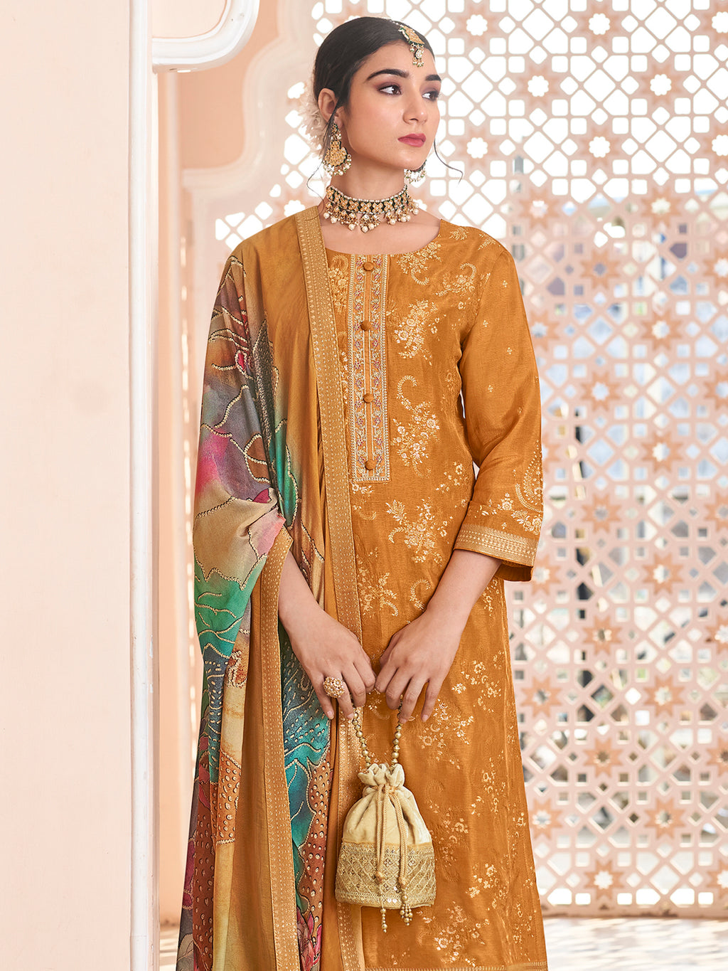 Royal Mustard Dola Silk Jacquard Embroidered Suit with Paisley & Sequin Detailing