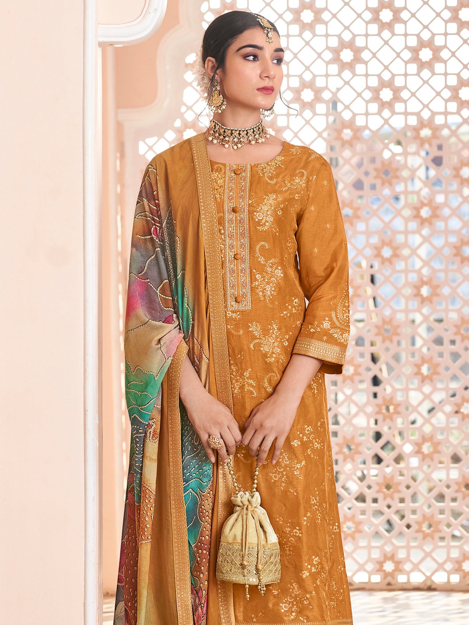 Royal Mustard Dola Silk Jacquard Embroidered Suit with Paisley & Sequin Detailing