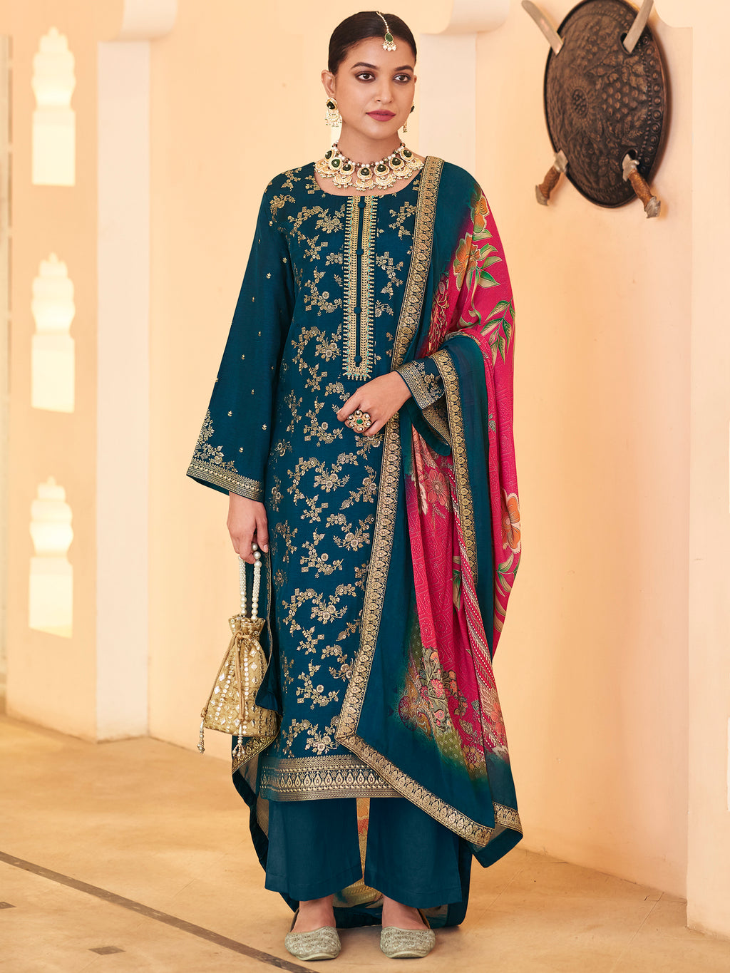 Regal Navy Blue Dola Silk Jacquard Suit | Handcrafted Paisley & Sequin Embroidered Ensemble