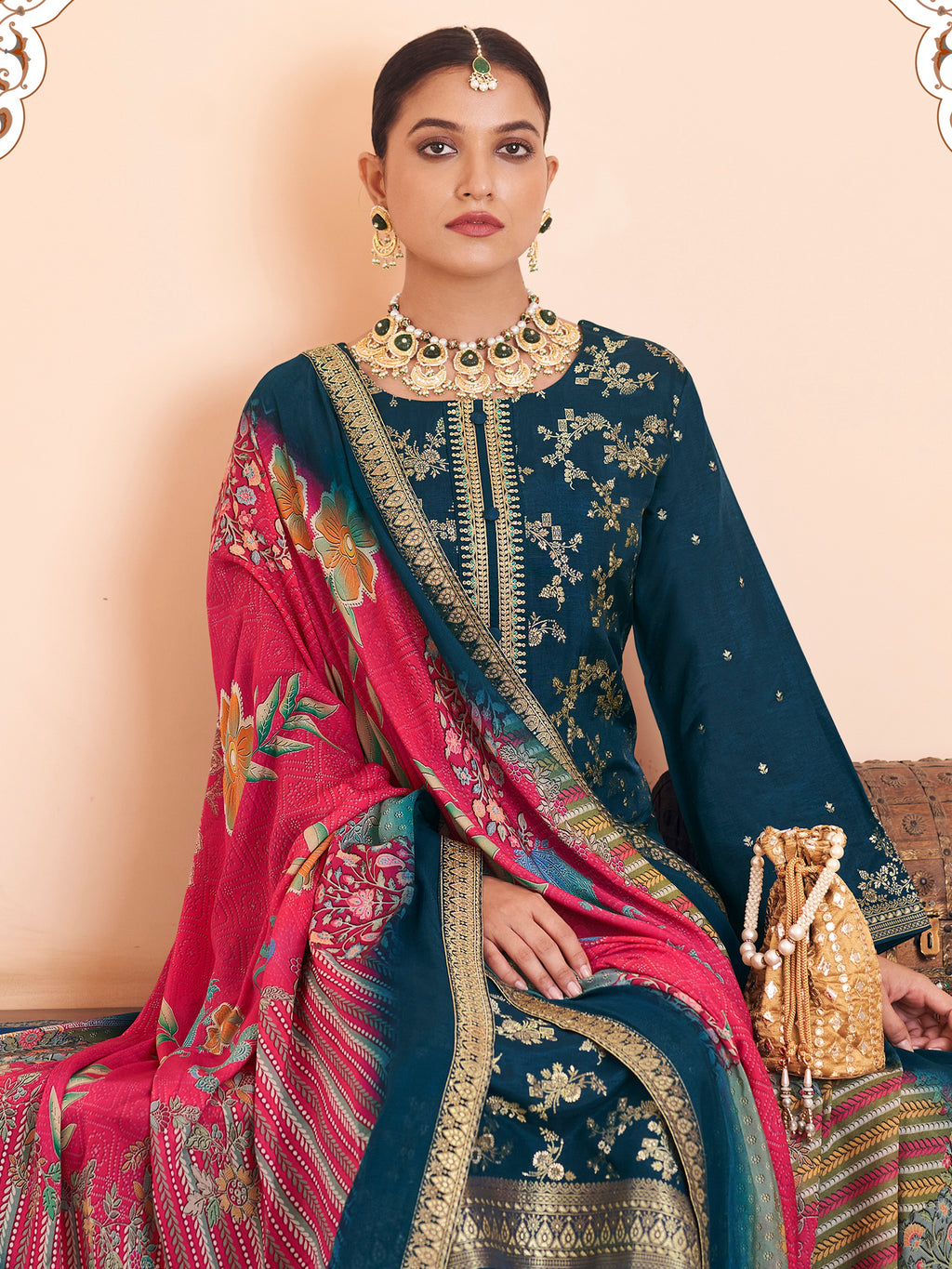 Regal Navy Blue Dola Silk Jacquard Suit | Handcrafted Paisley & Sequin Embroidered Ensemble